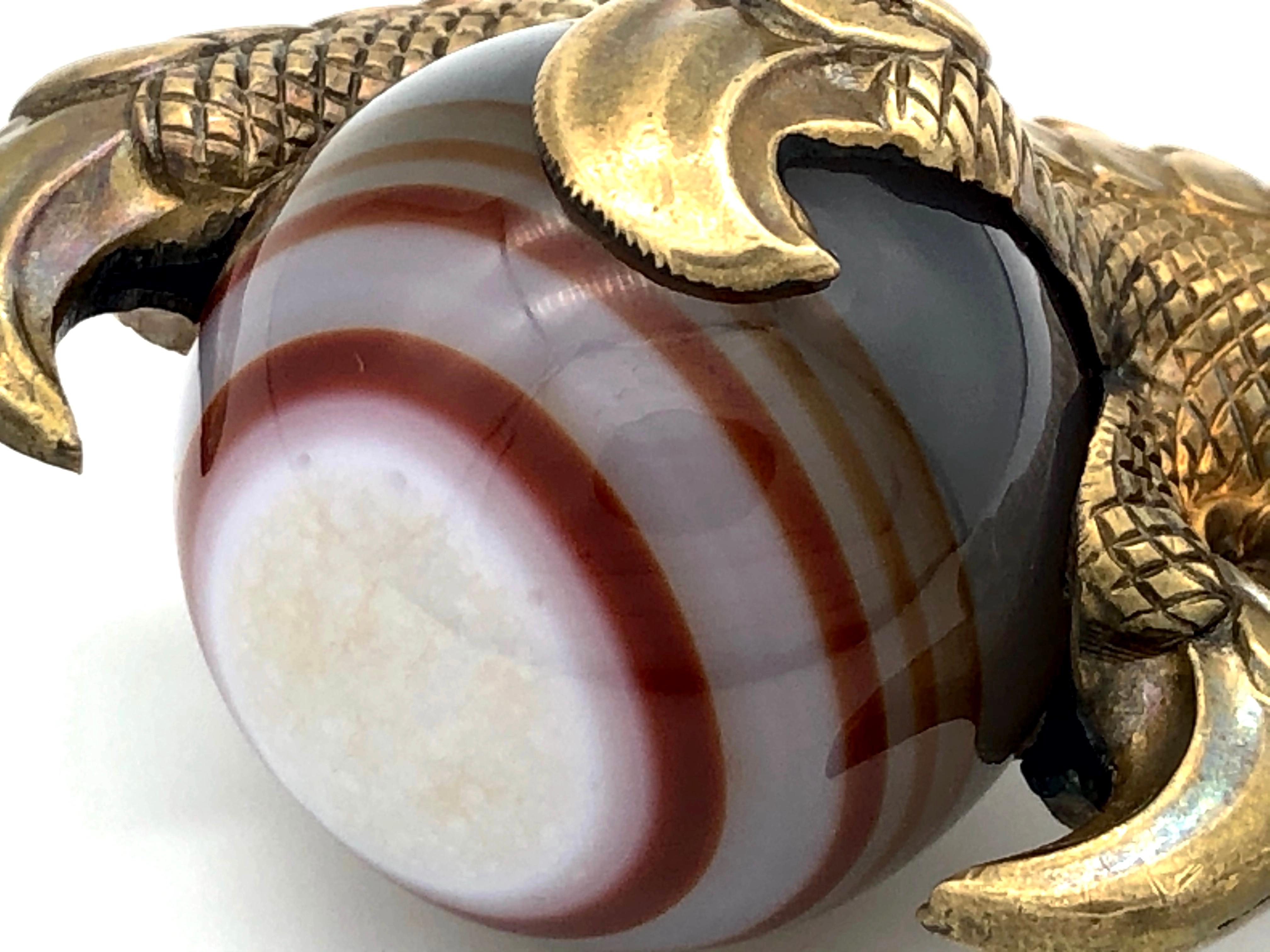 Ball Cut Antique 1870 Bird of Prey Raptor Claw Seal Initial JM Banded Agate Gilt Metal For Sale