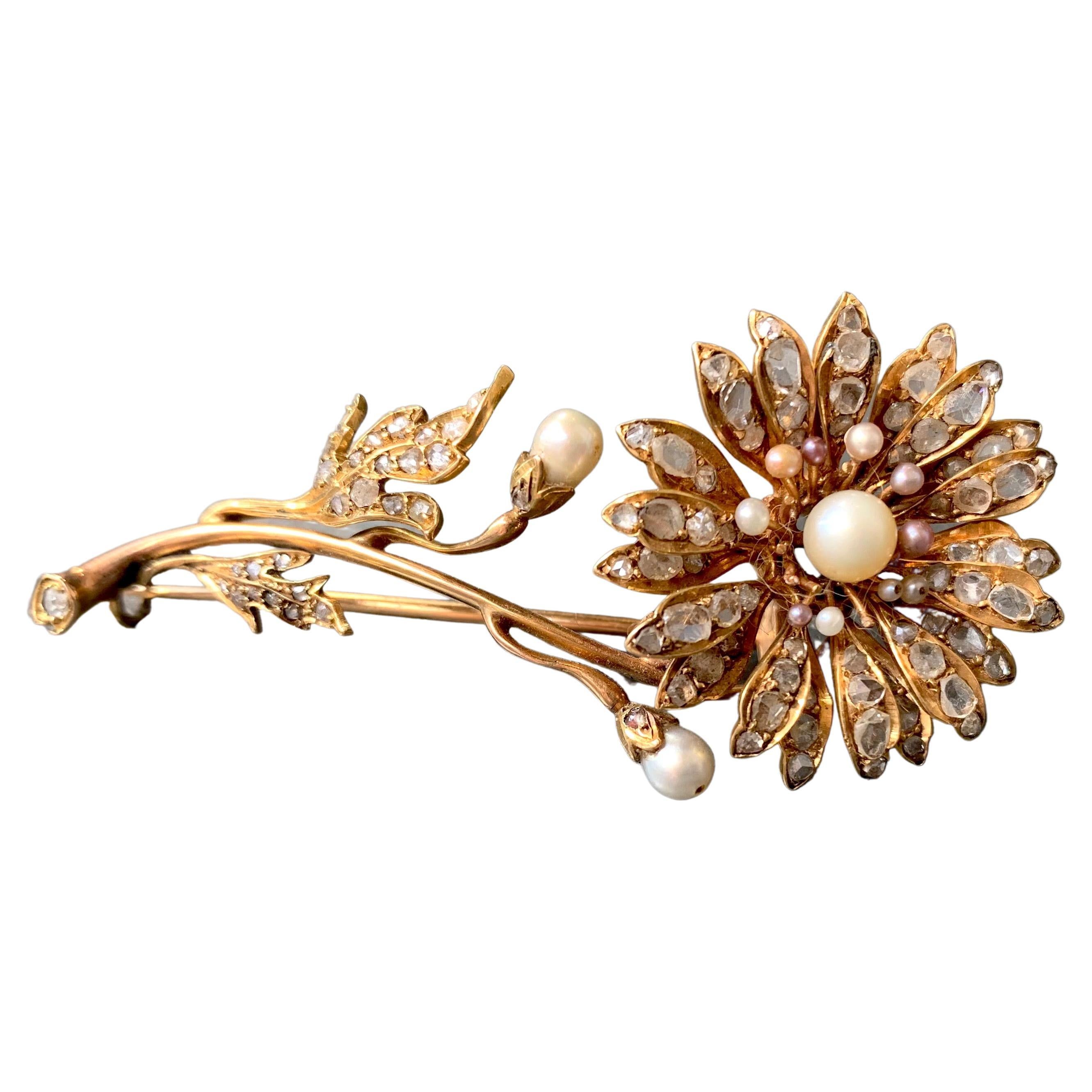 Antique 1870 Flower Brooch Rose Diamond Oriental Pearls 14 Karat Red Gold For Sale
