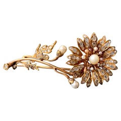 Antique 1870 Flower Brooch Rose Diamond Oriental Pearls 14 Karat Red Gold