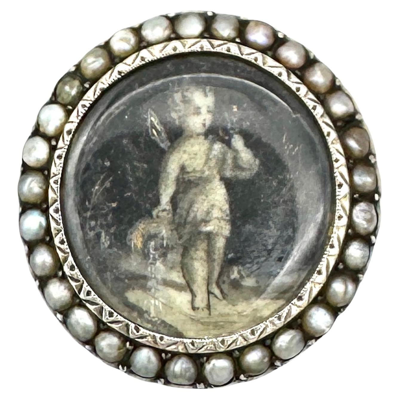Antique 1870 Miniature Painting Amor Cupid Brooch Oriental Pearls Silver
