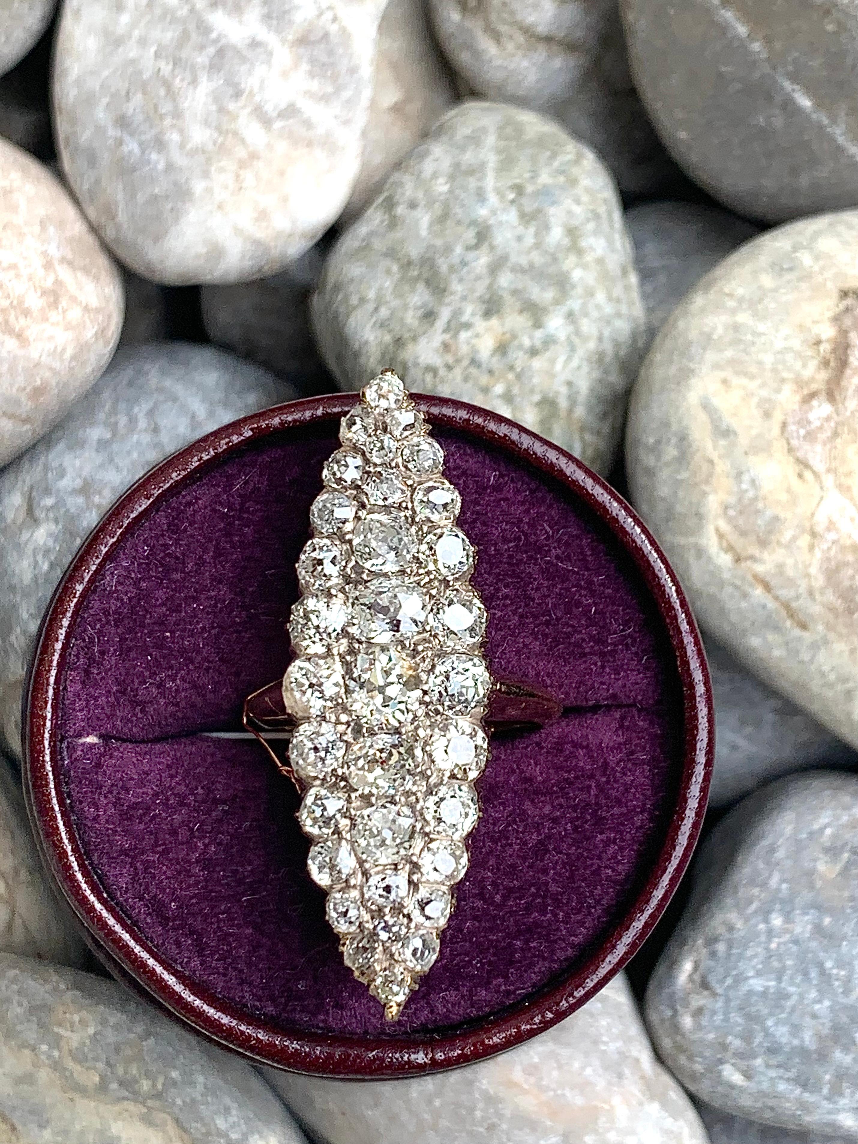 Antique 1870 Victorian Navette Shaped Diamond Statement Ring 18 Karat Rose Gold For Sale 1