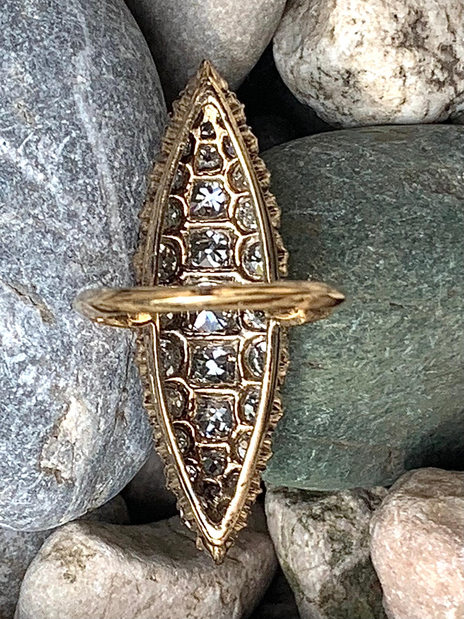 Antique 1870 Victorian Navette Shaped Diamond Statement Ring 18 Karat Rose Gold For Sale 2