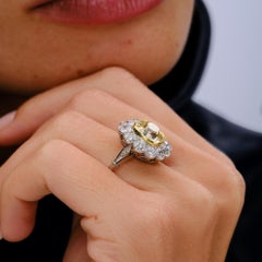 Antique 1870s 3.76 Carat Yellow Diamond Platinum & Gold Halo Engagement Ring