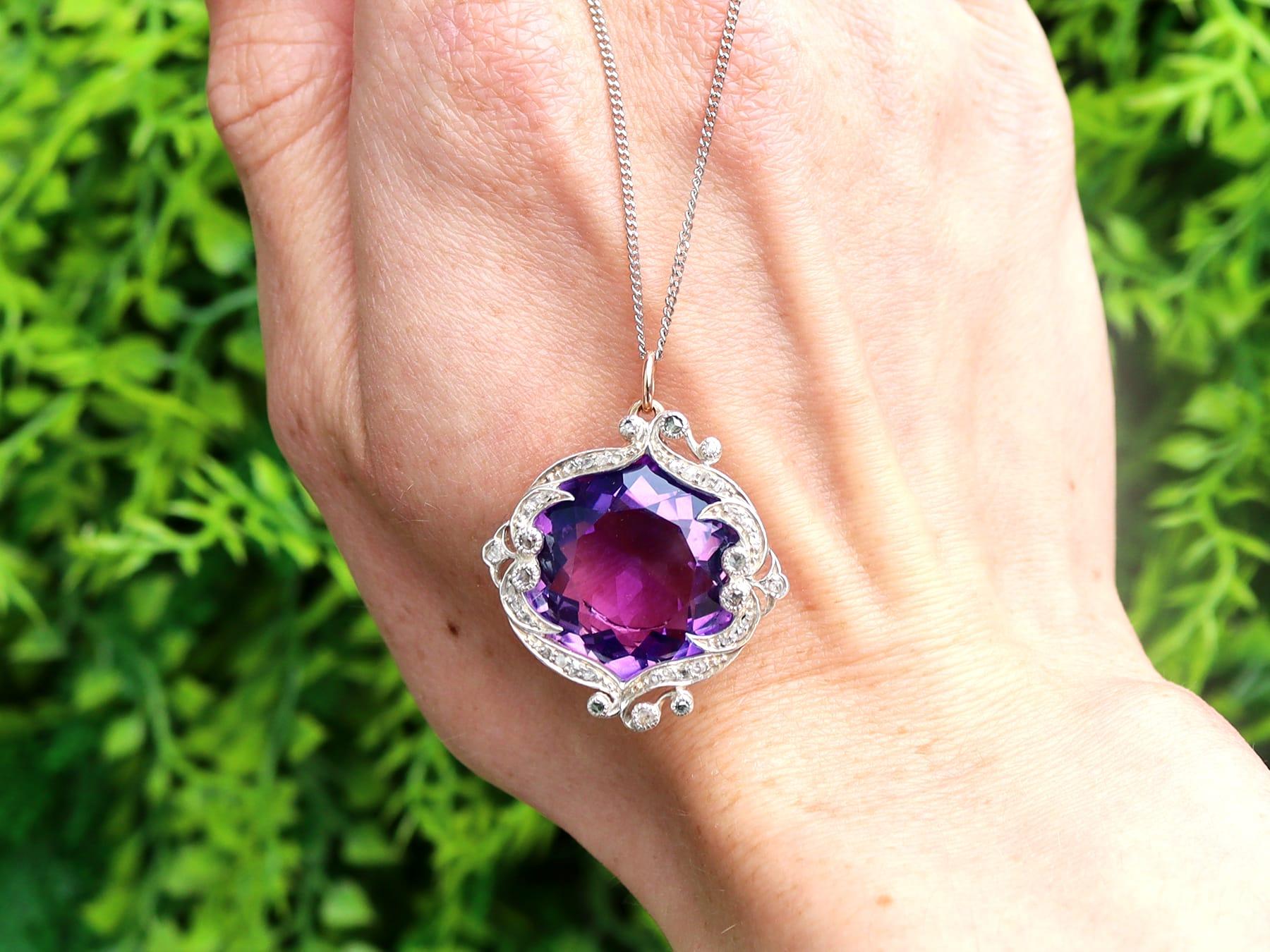 This stunning, fine and impressive amethyst pendant has been crafted in 9k yellow gold with a silver setting.

The asymmetrical pendant is ornamented with a stunning feature 24.68ct round faceted cut amethyst.

The feature amethyst is encompassed