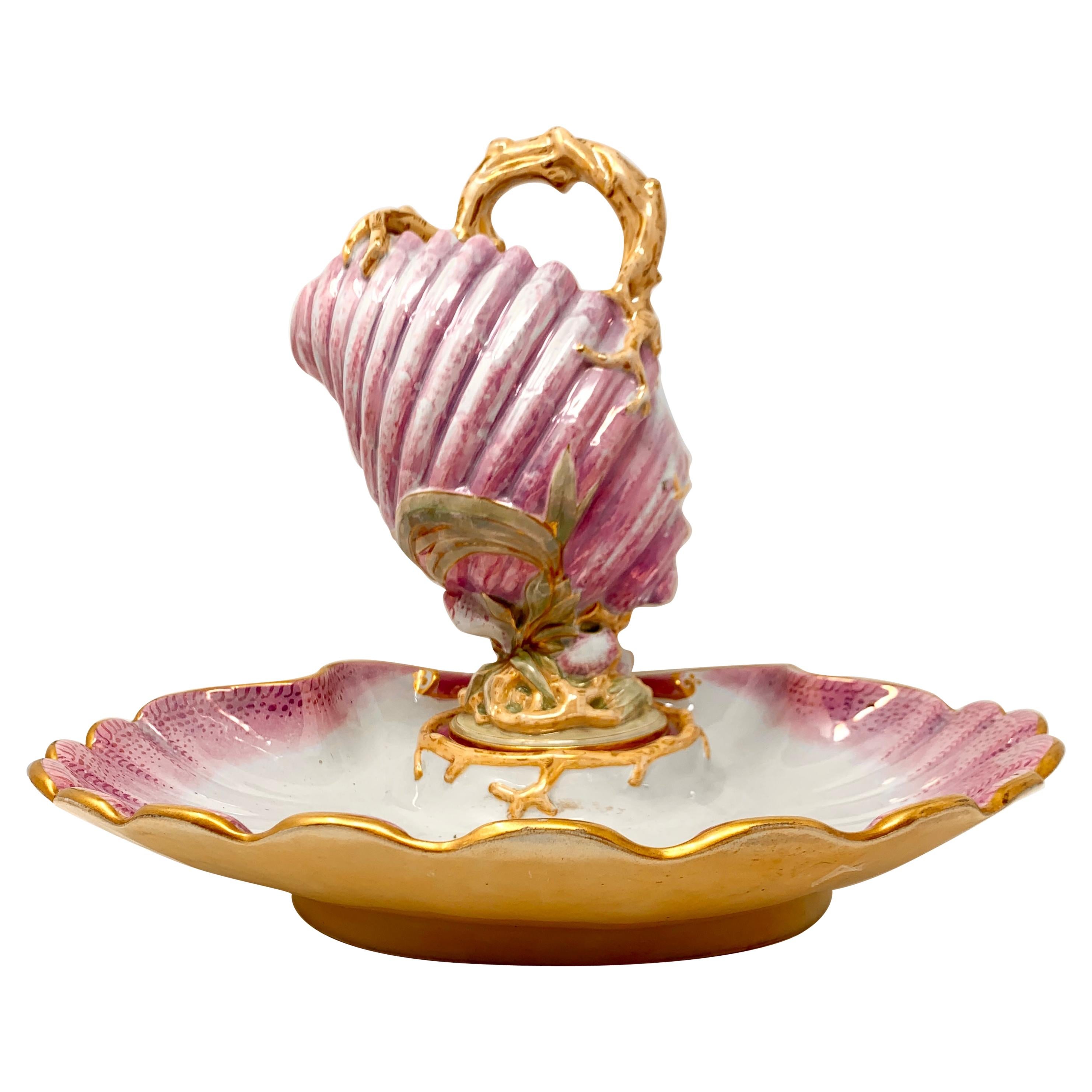 Antique 1870's Pickman-Seville Porcelain Pink & Gold Shell Water Pitcher & Basin For Sale
