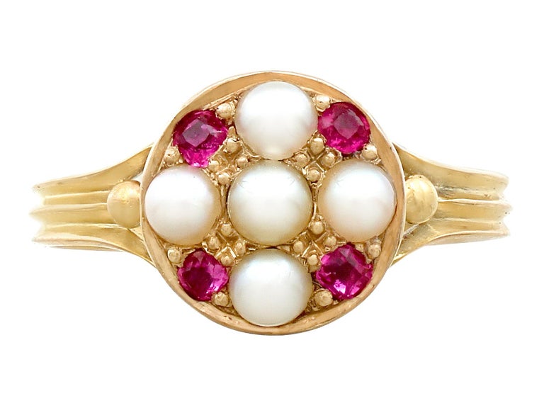 Antique 1871 Pearl and Ruby Yellow Gold Cocktail Ring at 1stDibs