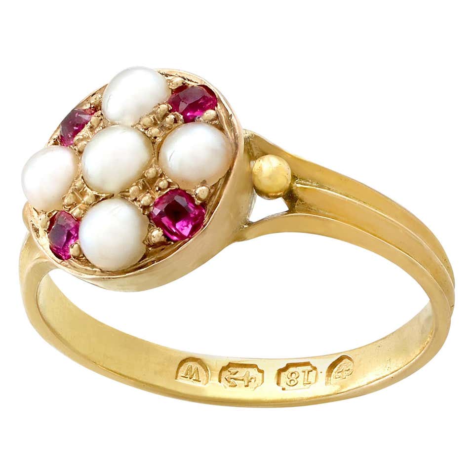 Antique 1871 Pearl and Ruby Yellow Gold Cocktail Ring at 1stDibs