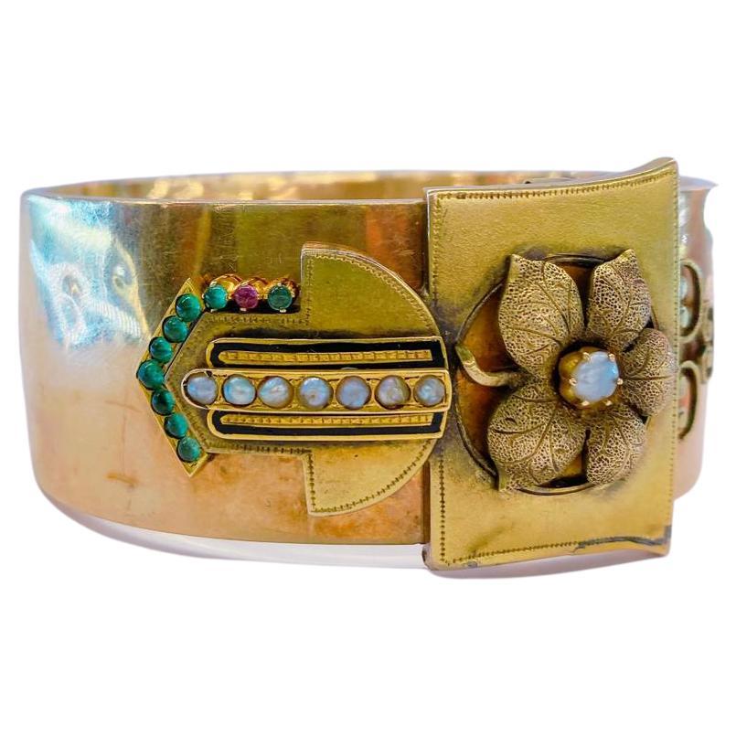 Antike 1873.c Russisch Smaragd und Perle Gold Medaillon Armreif Armbänder Damen im Angebot