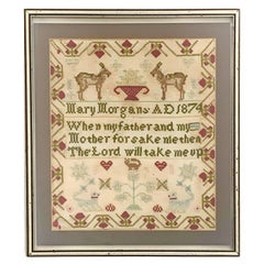 Antico sampler a punto d'ago per bambini del 1874