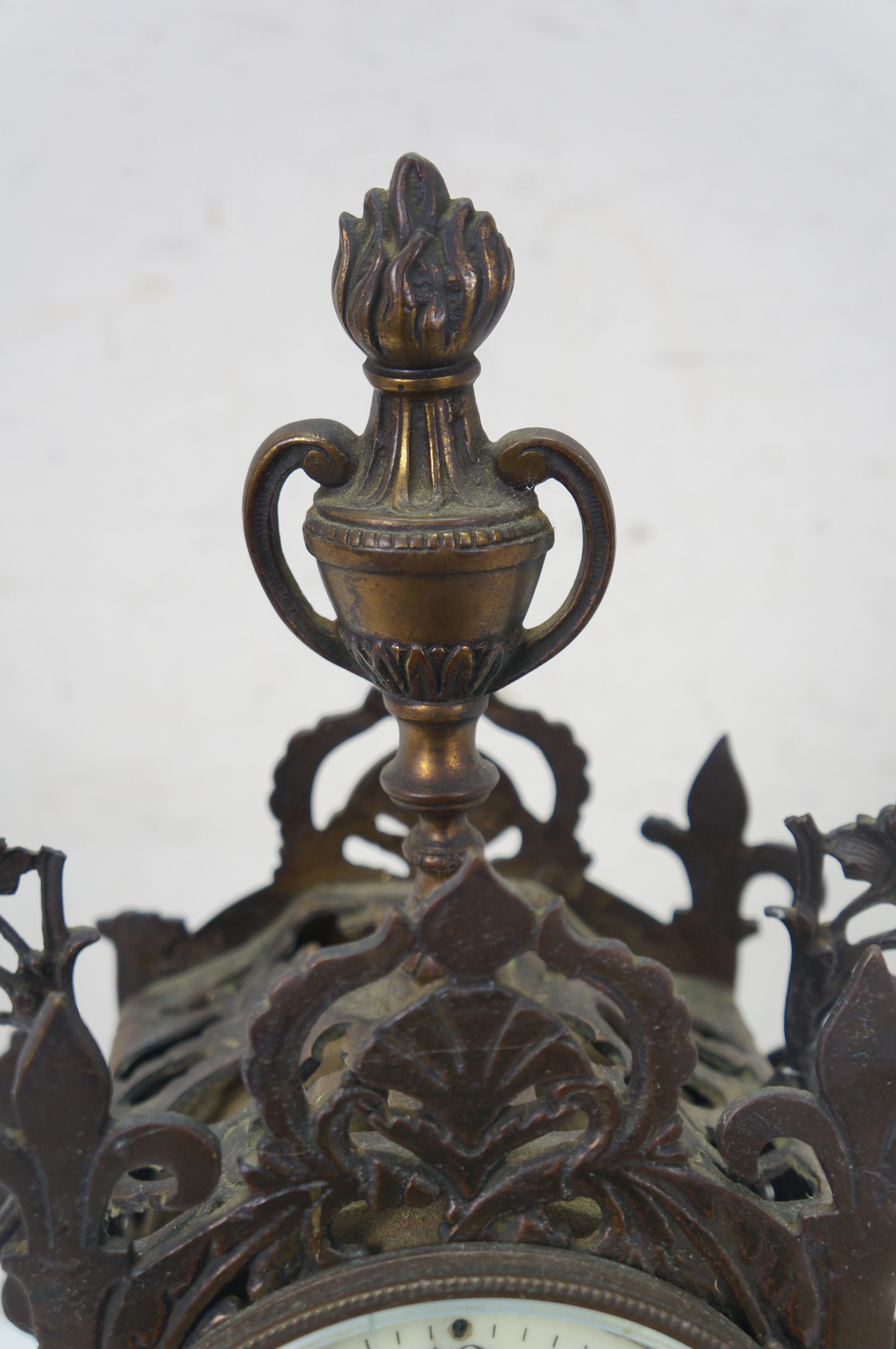 Antique 1874 French Bronze Reticualted Fleur de Lis Mantel Clock 15