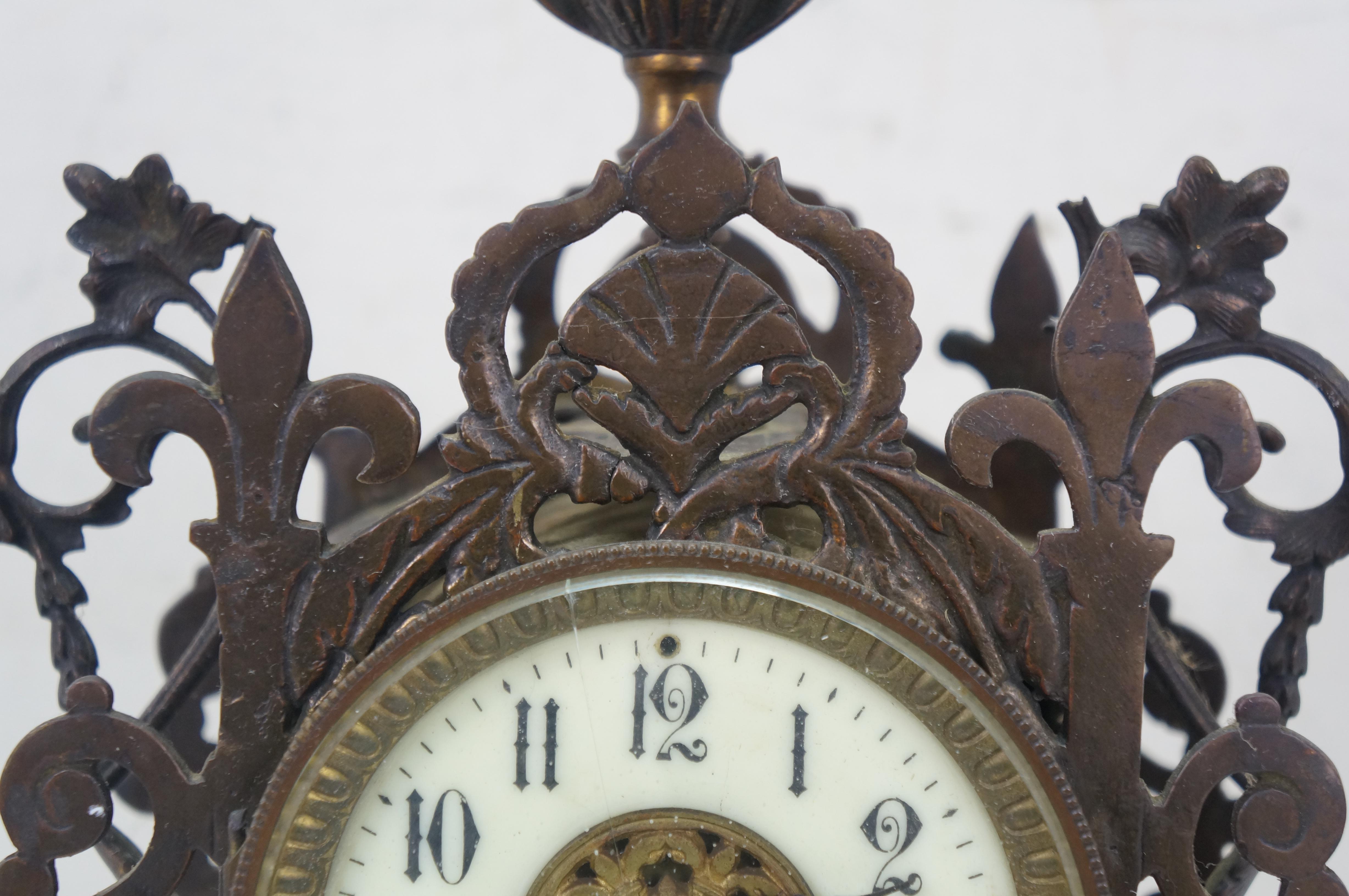 Antique 1874 French Bronze Reticualted Fleur de Lis Mantel Clock 15