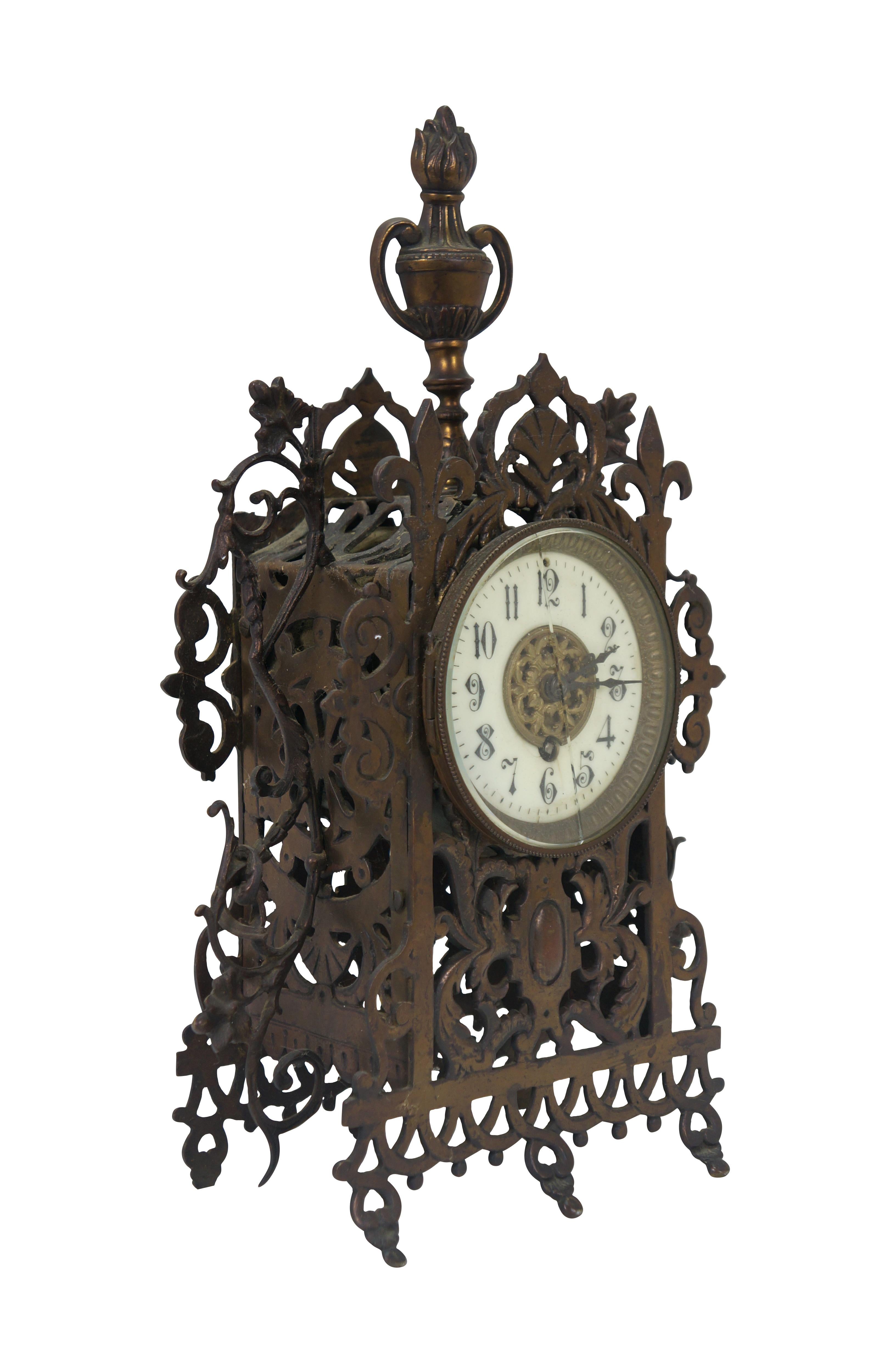 Louis XVI Antique 1874 French Bronze Reticualted Fleur de Lis Mantel Clock 15