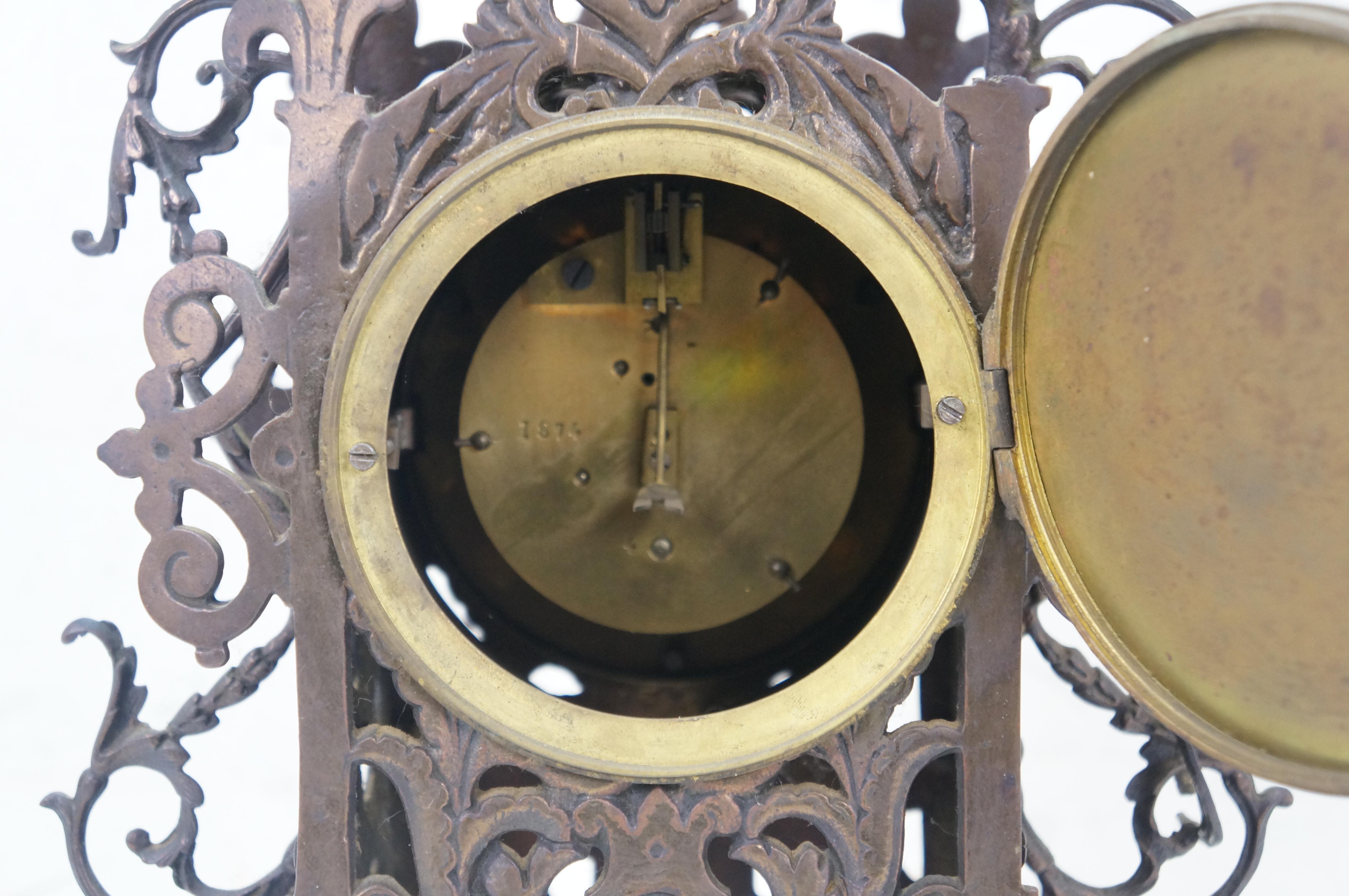Brass Antique 1874 French Bronze Reticualted Fleur de Lis Mantel Clock 15