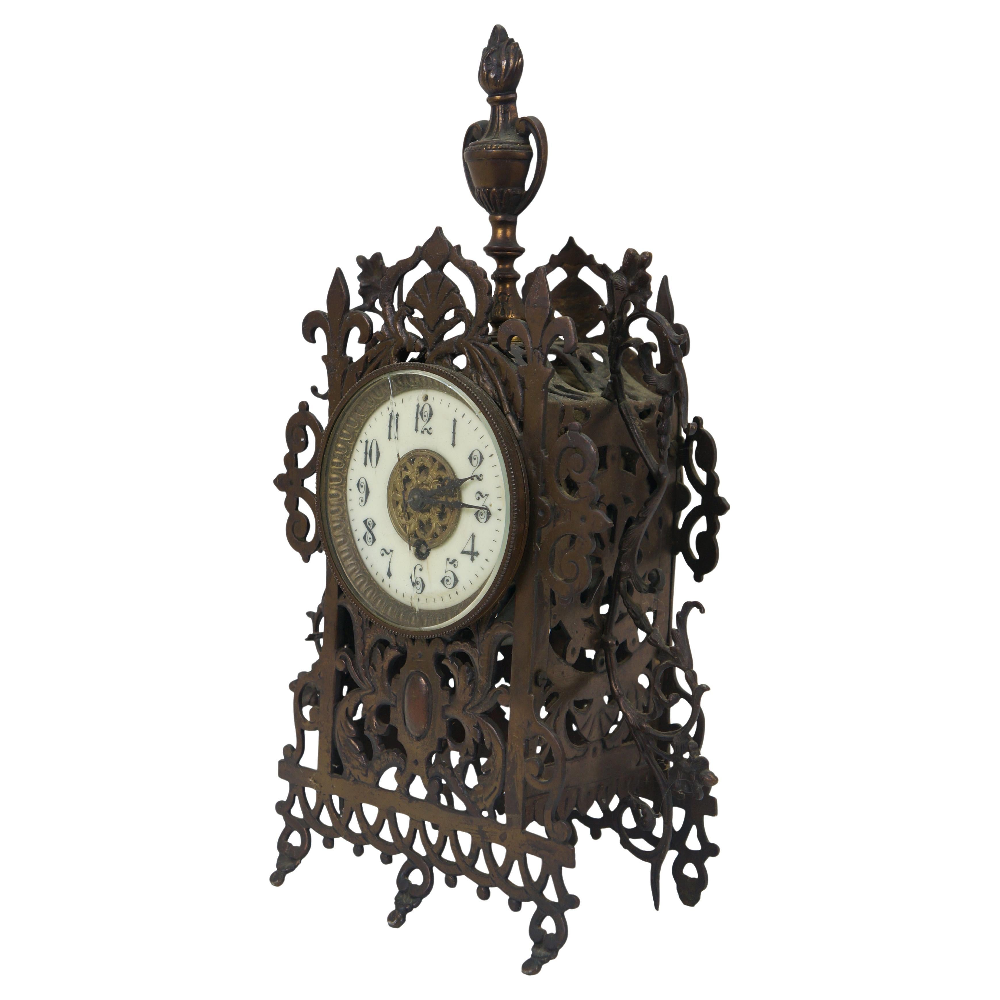 Antique 1874 French Bronze Reticualted Fleur de Lis Mantel Clock 15" For Sale