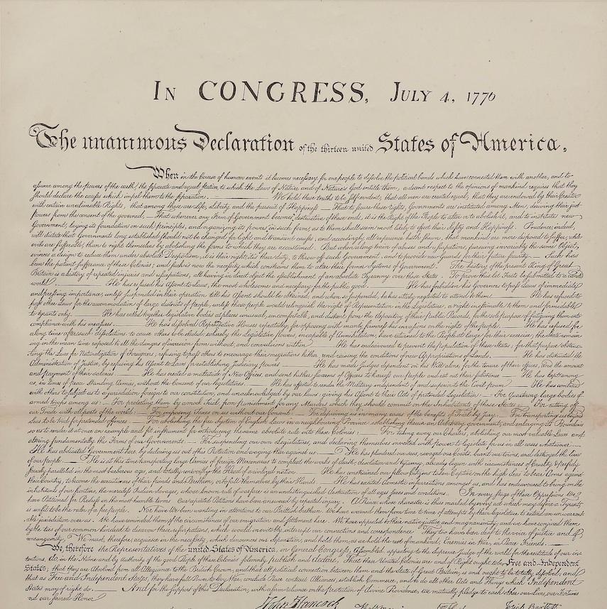 This is a printed Declaration of Independence. This was originally bound in a book published in 1877, as part of a review of our nation's Centennial celebrations. In 1876, flag makers, book publishers, and printers all looked to the past for designs