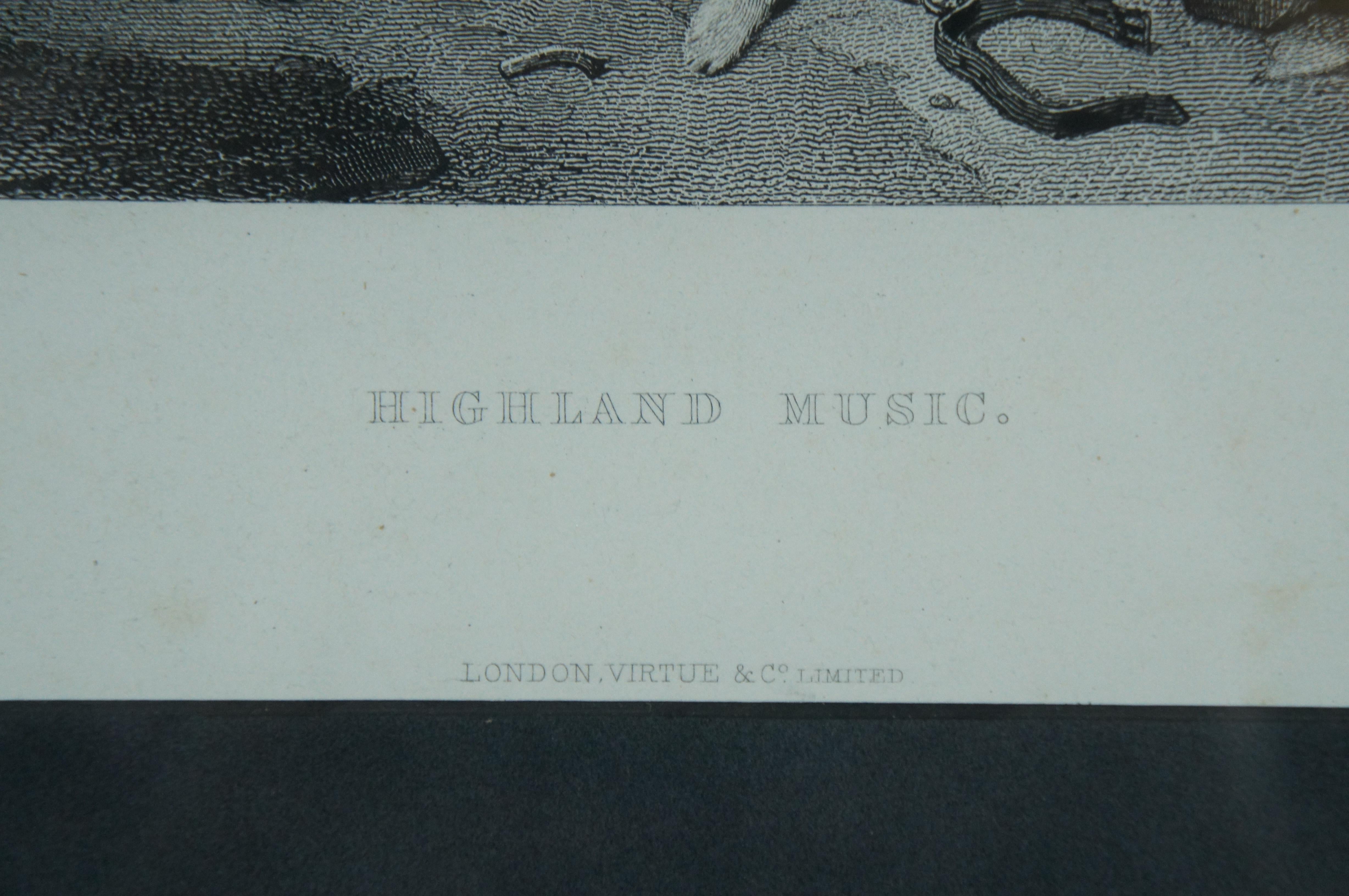 Antike 1877 Sir Edwin Landseer Highland Bagpipe Musik schottisches Hunde-Gravur  4