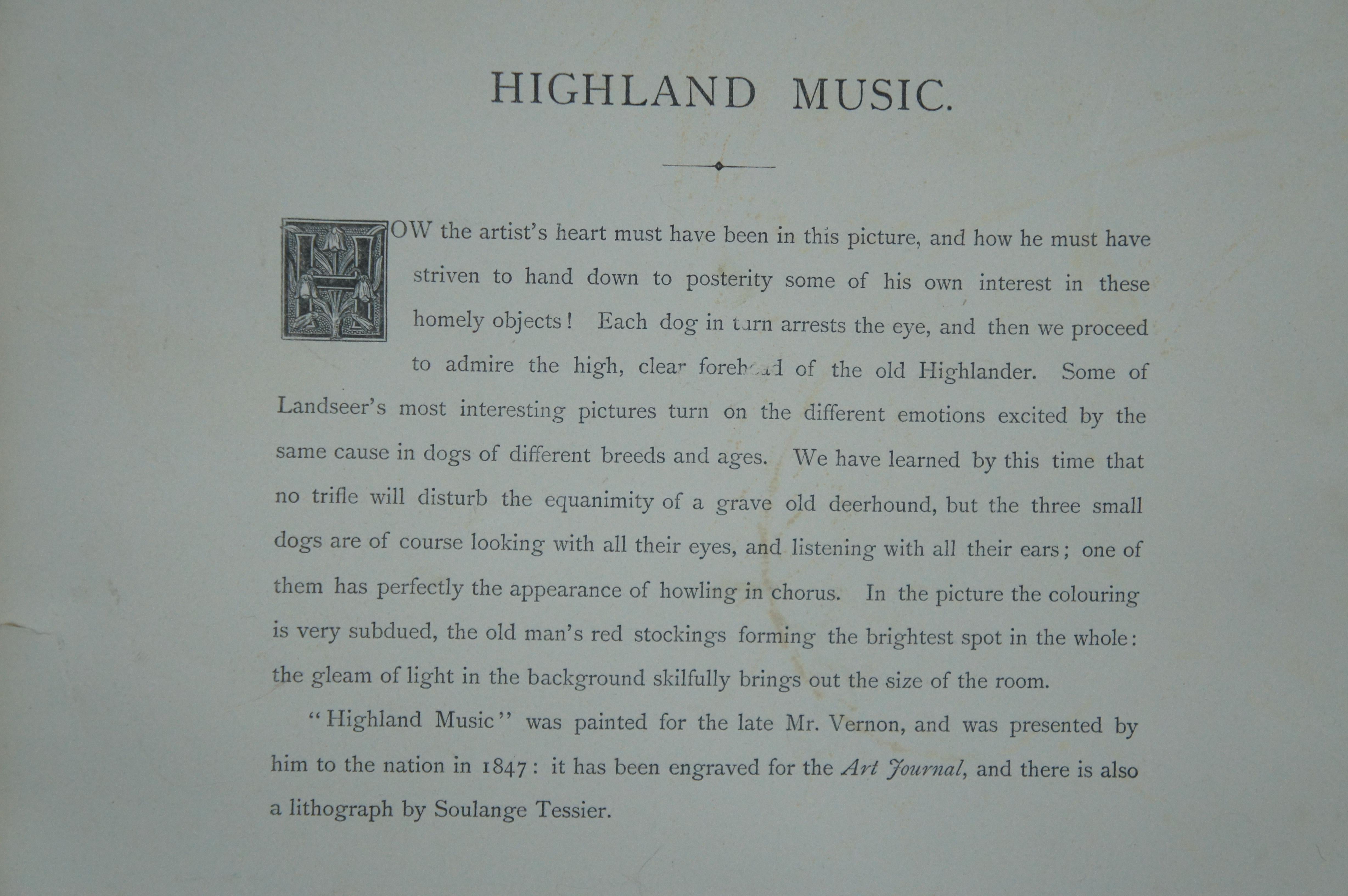 Antike 1877 Sir Edwin Landseer Highland Bagpipe Musik schottisches Hunde-Gravur  (Papier)