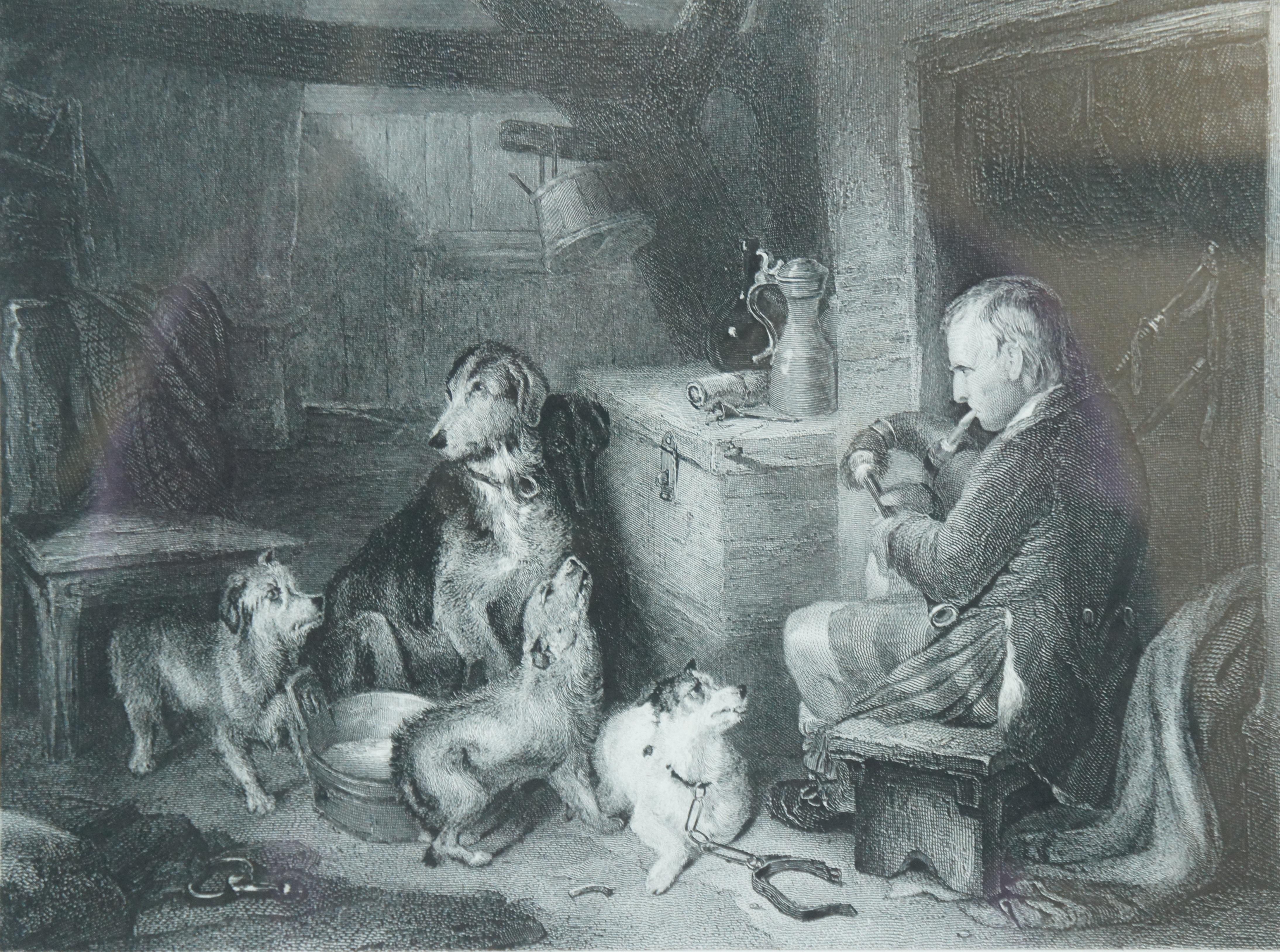 Antike 1877 Sir Edwin Landseer Highland Bagpipe Musik schottisches Hunde-Gravur  2