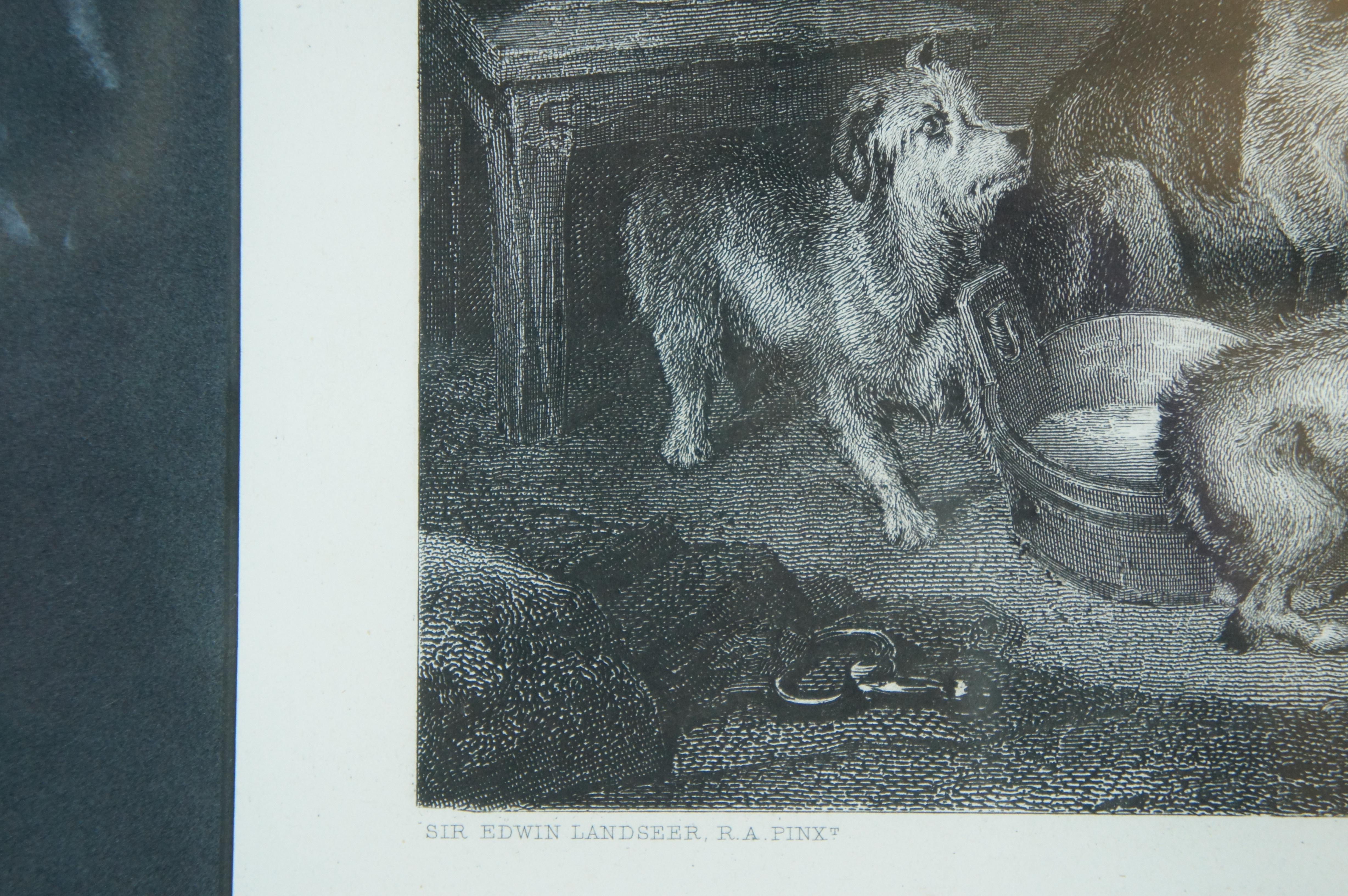 Antike 1877 Sir Edwin Landseer Highland Bagpipe Musik schottisches Hunde-Gravur  3