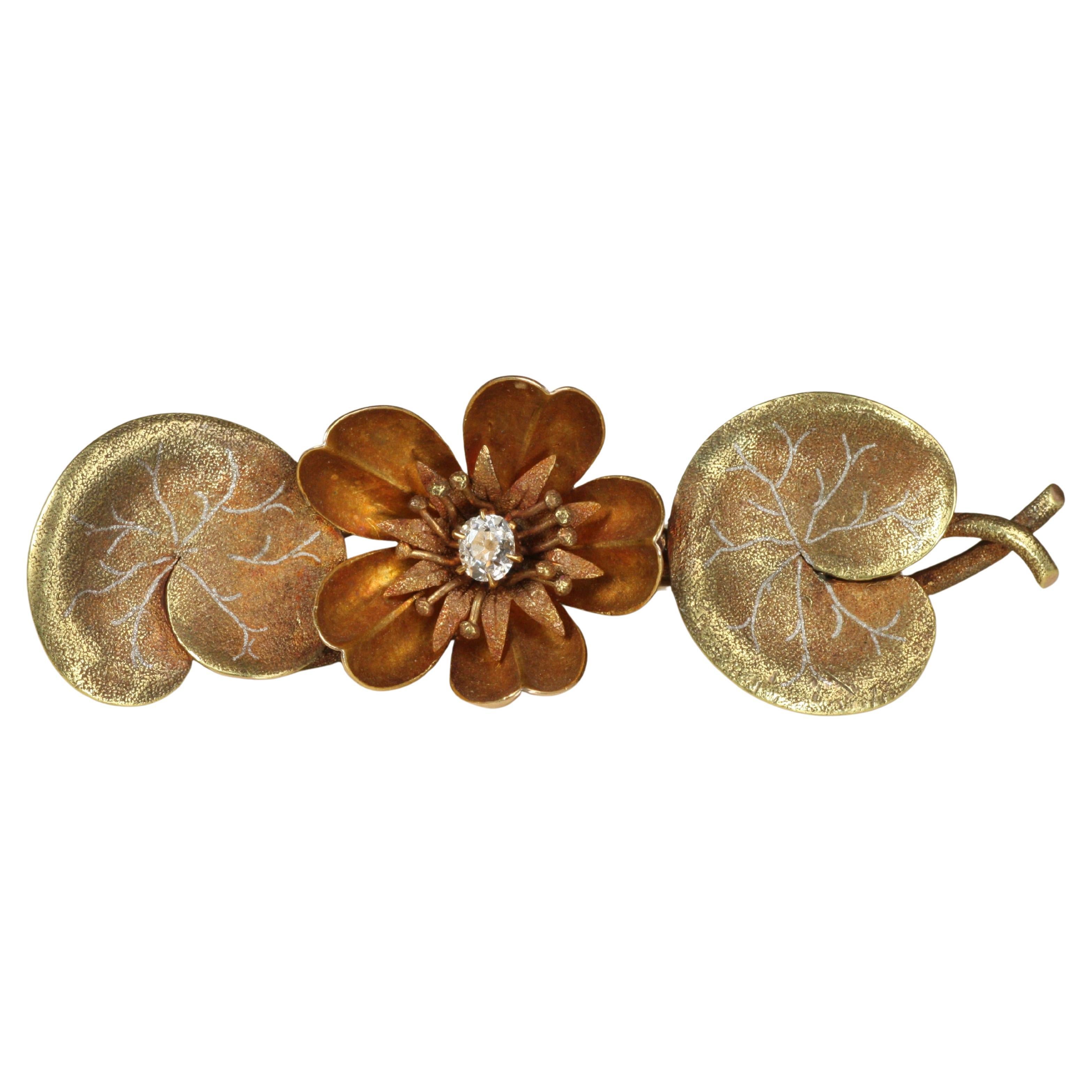 Antica spilla in oro con diamanti taglio miniera 1879, stile giapponese, floreale