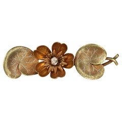 Antike 1879 viktorianischen Japonesque-Stil floralen alten Mine Cut Diamond Gold Brosche