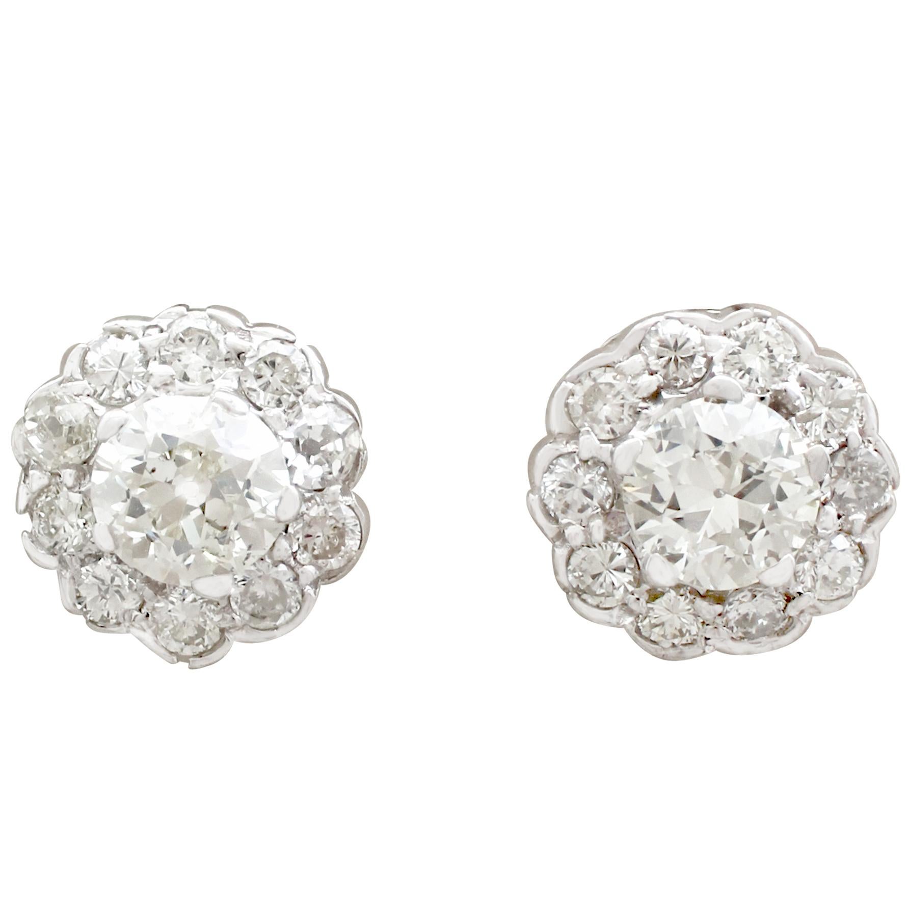 Antique 1.87Ct Diamond and White Gold Cluster Earrings 