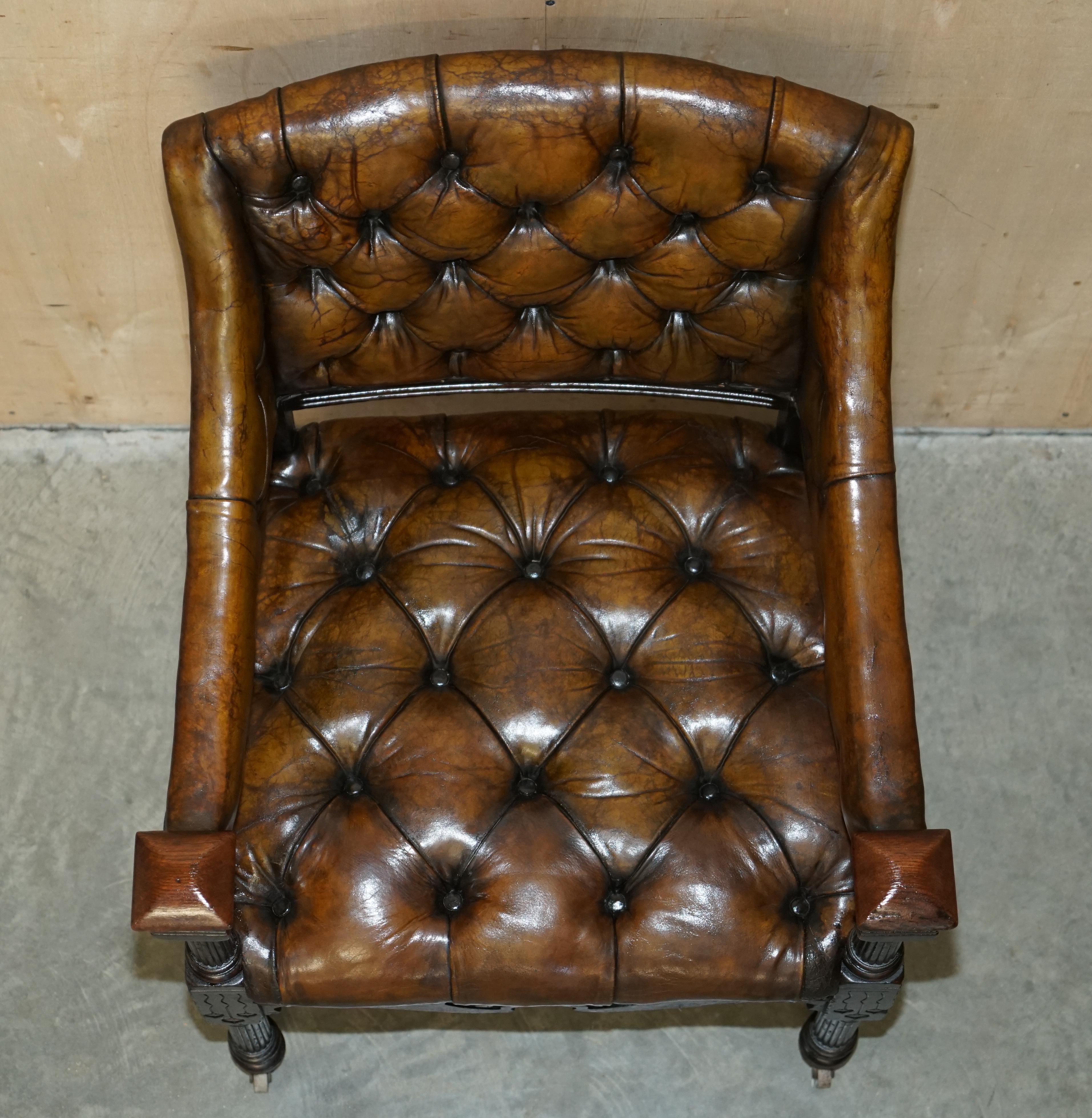 Antique 1880 Art Nouveau Carved Fully Restored Brown Leather Library Desk Chair For Sale 8
