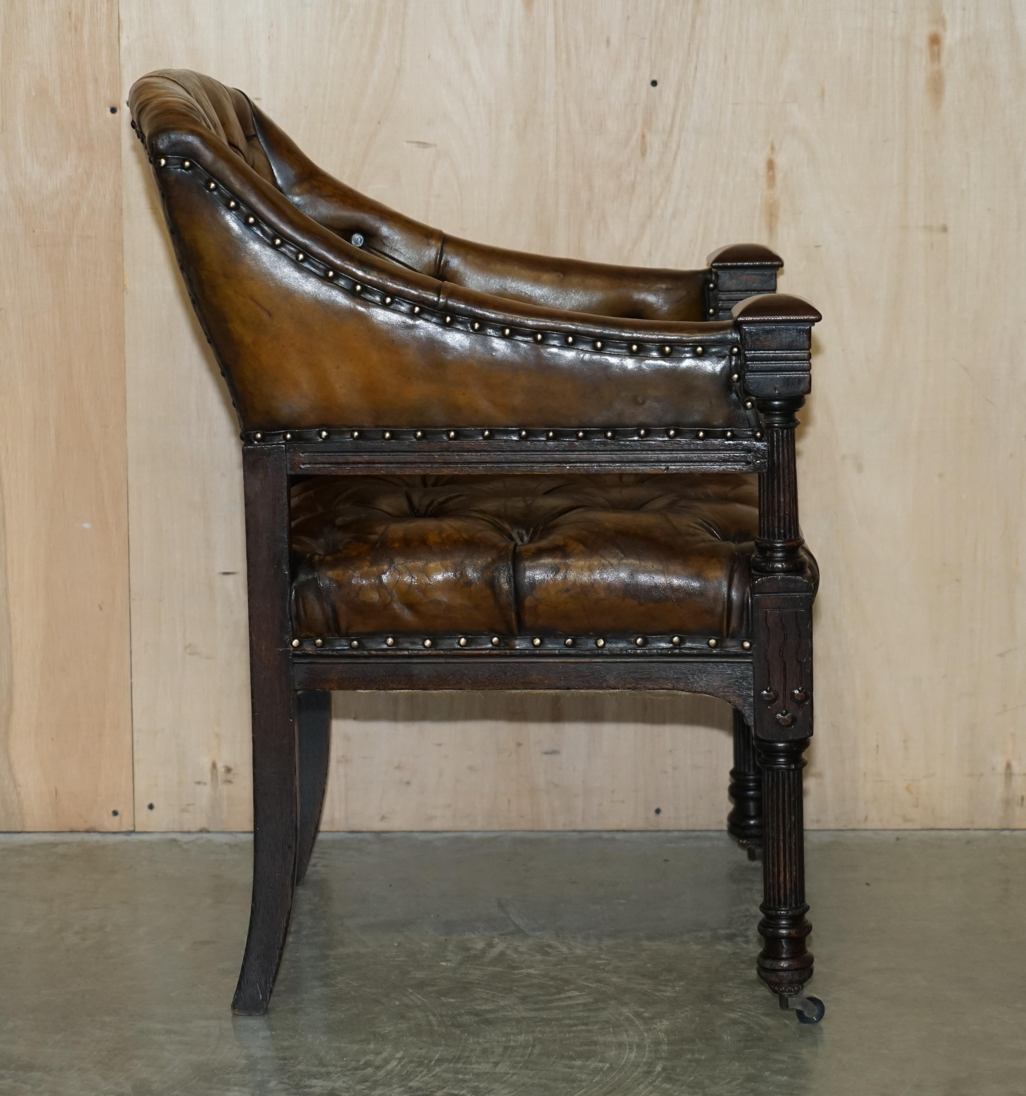 Antique 1880 Art Nouveau Carved Fully Restored Brown Leather Library Desk Chair For Sale 10