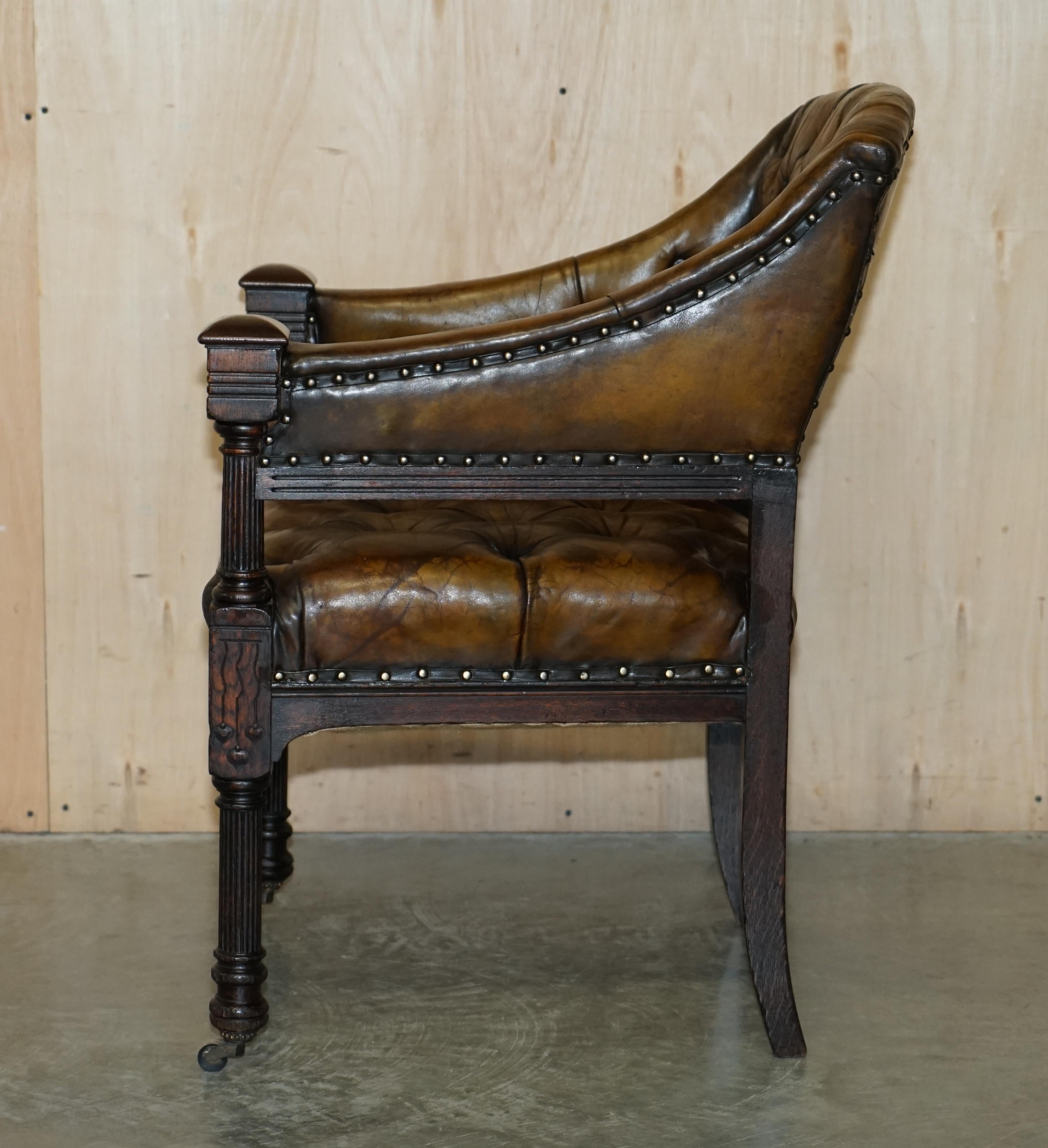 Antique 1880 Art Nouveau Carved Fully Restored Brown Leather Library Desk Chair For Sale 12