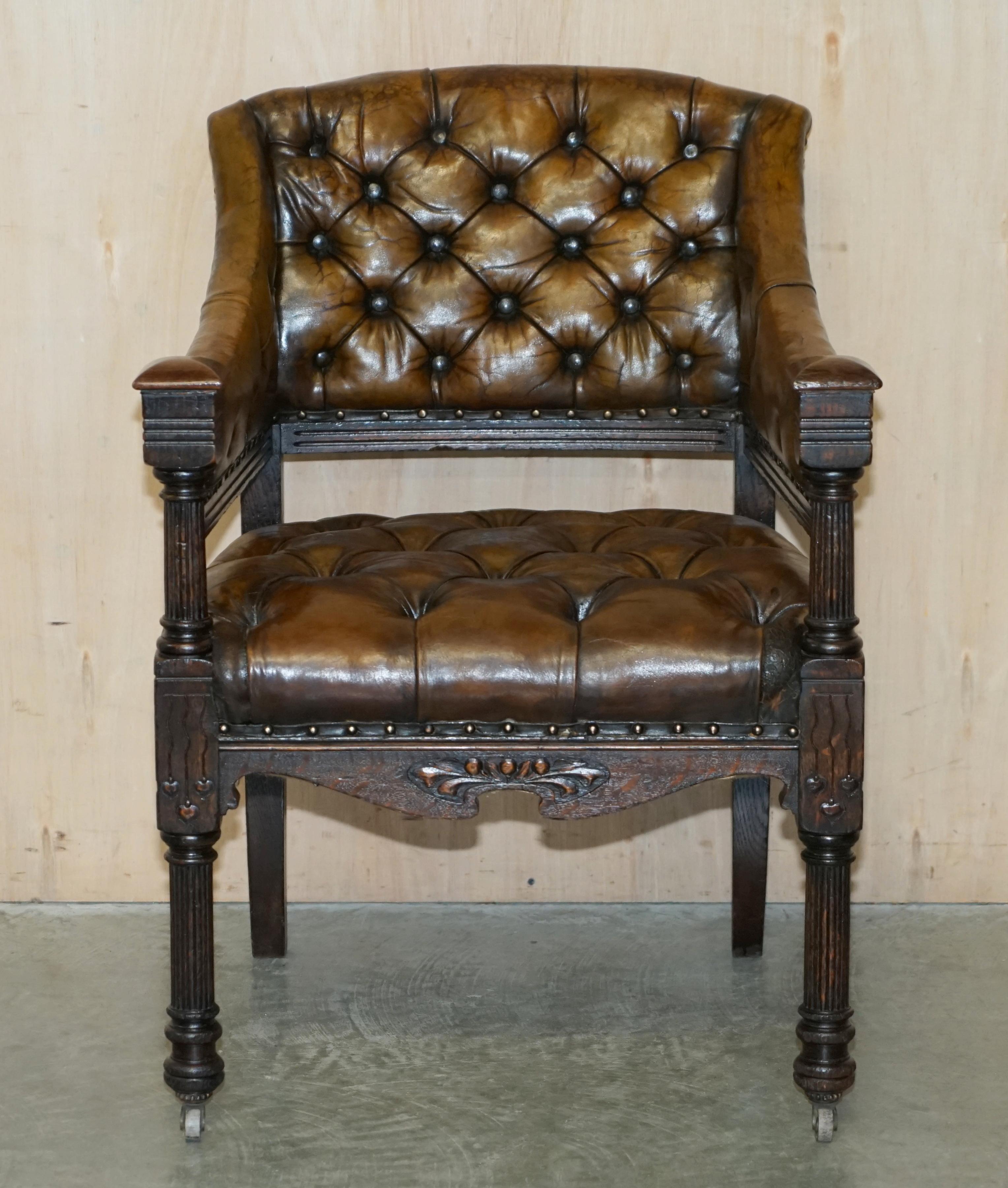 Royal House Antiques

Royal House Antiques is delighted to offer for sale this very rare and highly collectable, fully restored circa 1880 Art Nouveau carved, Chesterfield hand dyed brown leather Library or desk chair. 

This chair is really