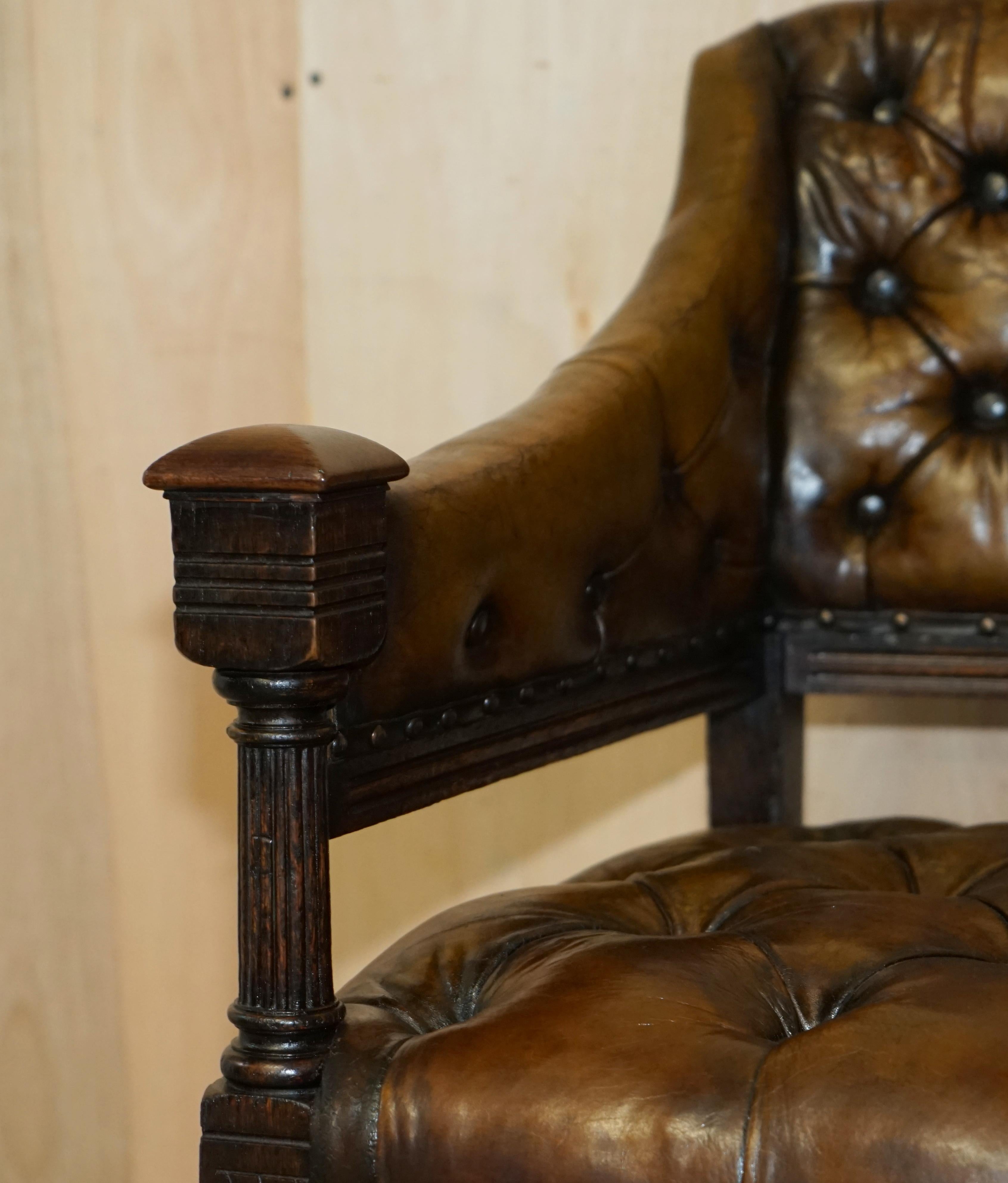 Antique 1880 Art Nouveau Carved Fully Restored Brown Leather Library Desk Chair For Sale 1