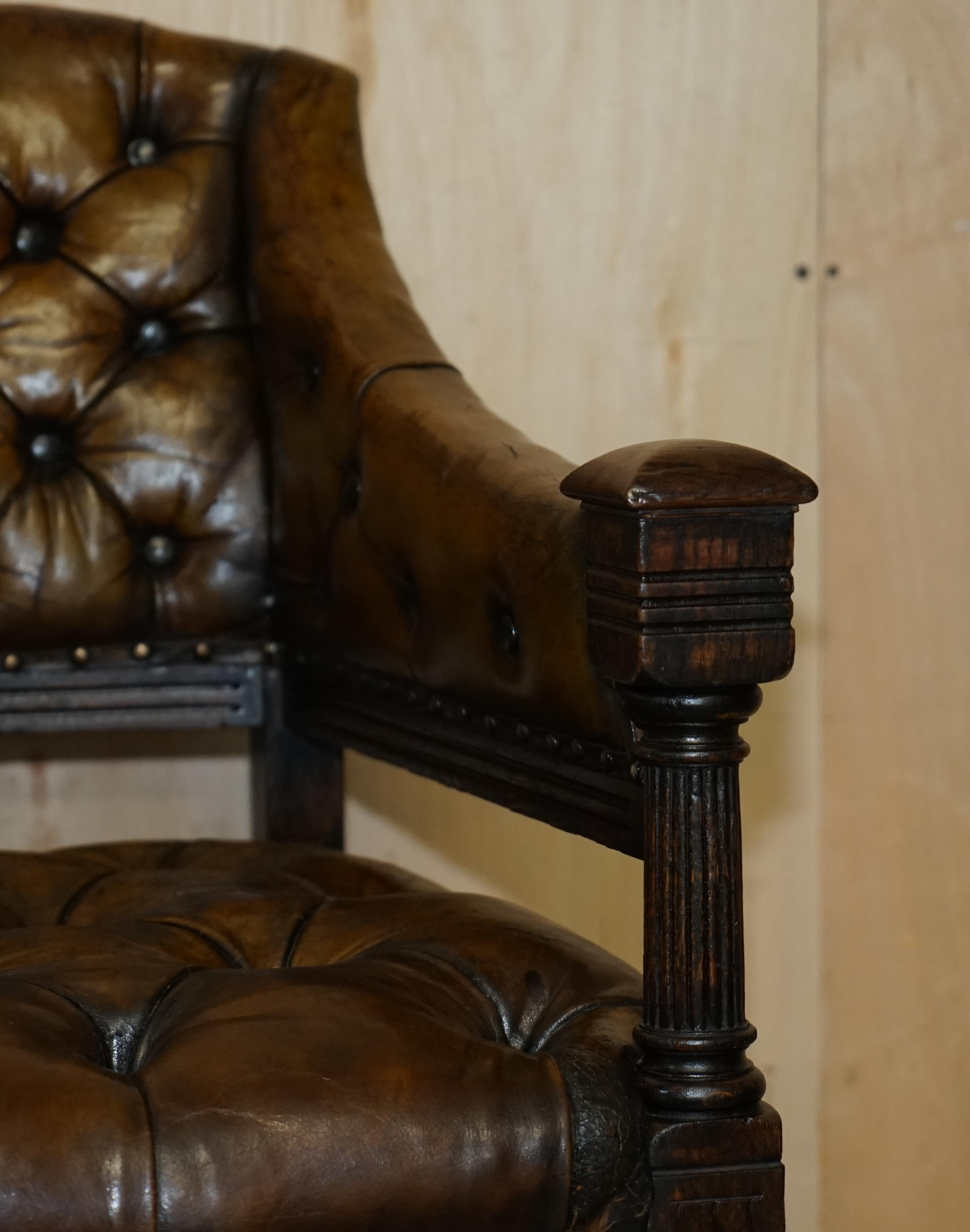 Antique 1880 Art Nouveau Carved Fully Restored Brown Leather Library Desk Chair For Sale 2