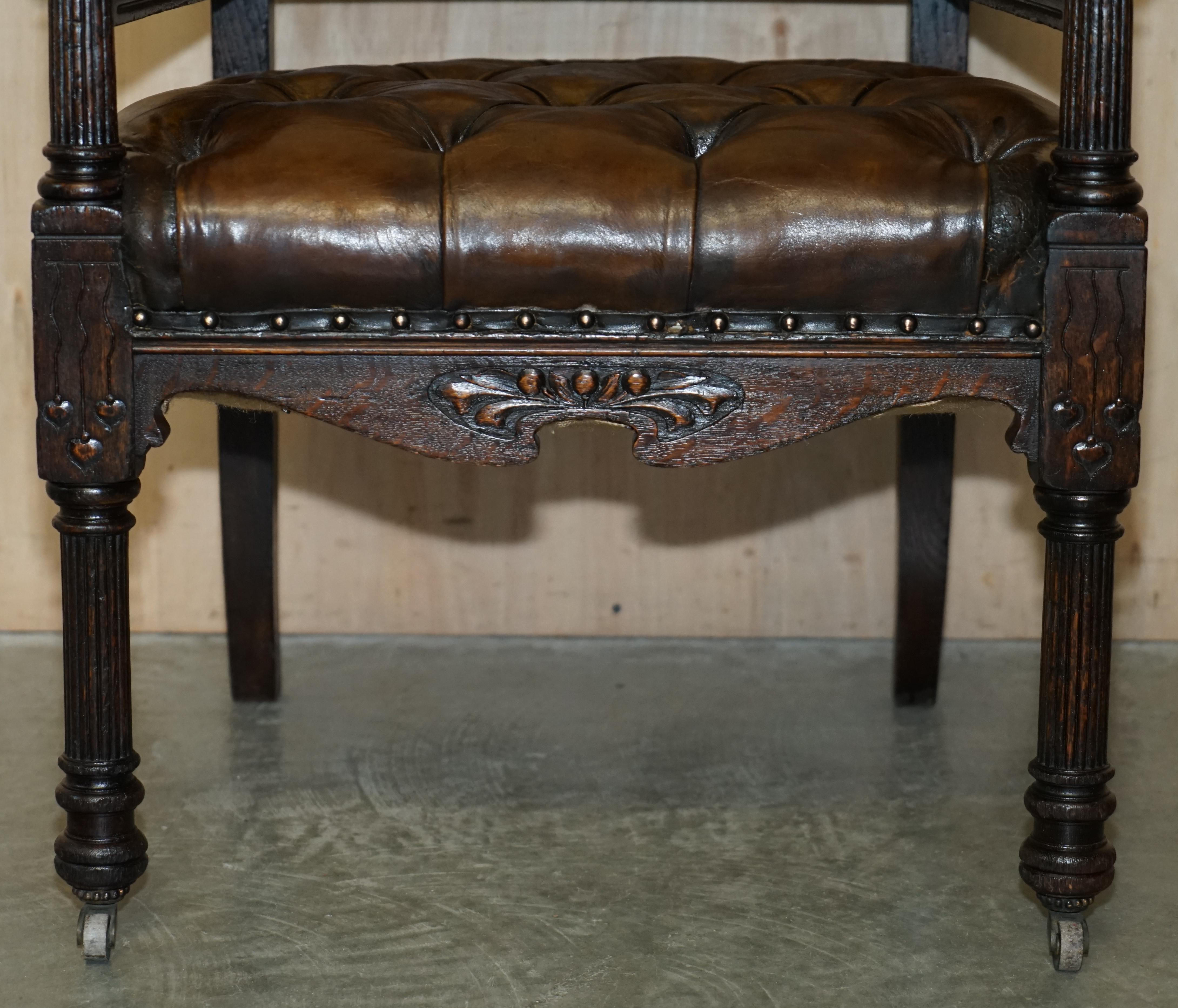 Antique 1880 Art Nouveau Carved Fully Restored Brown Leather Library Desk Chair For Sale 3