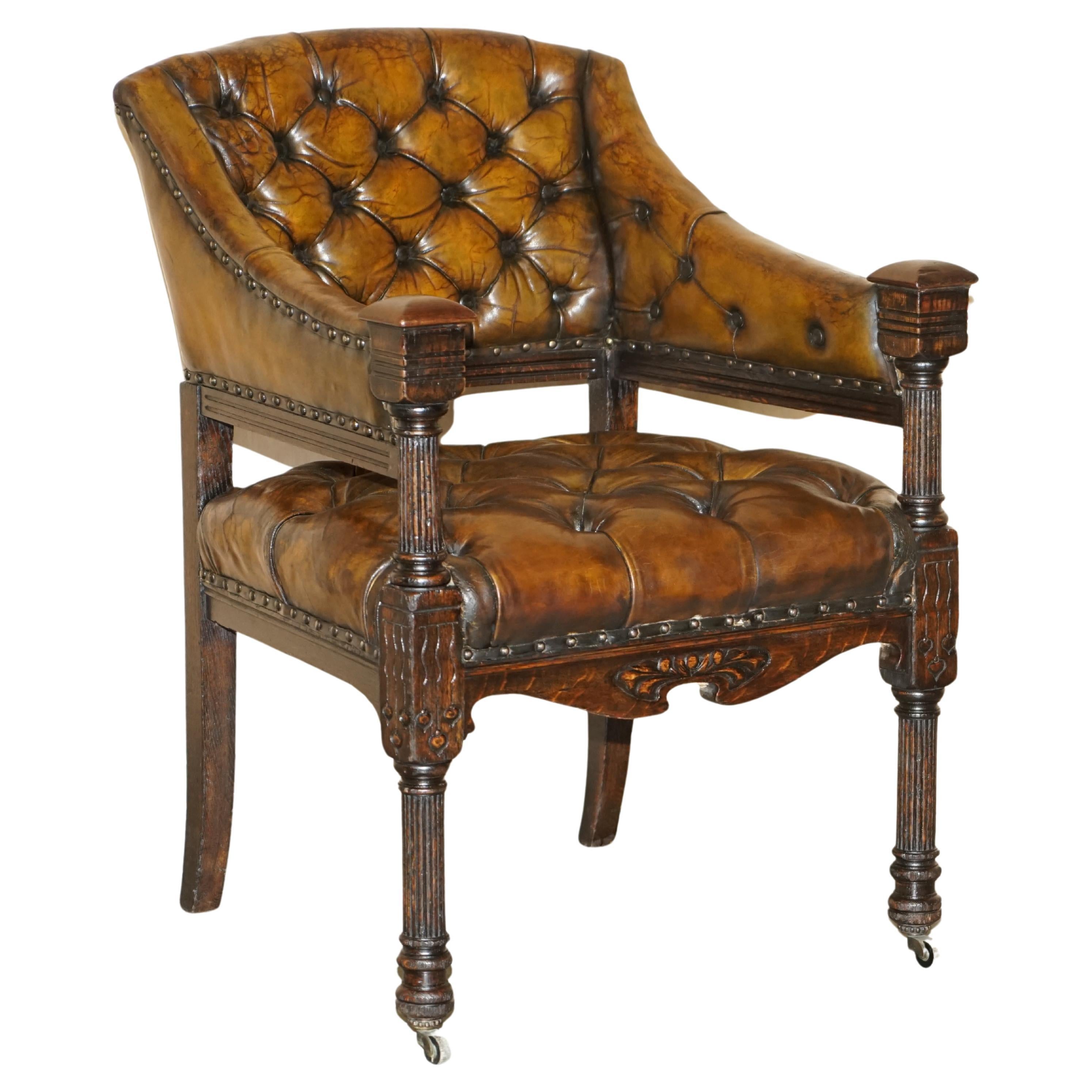 Antique 1880 Art Nouveau Carved Fully Restored Brown Leather Library Desk Chair For Sale