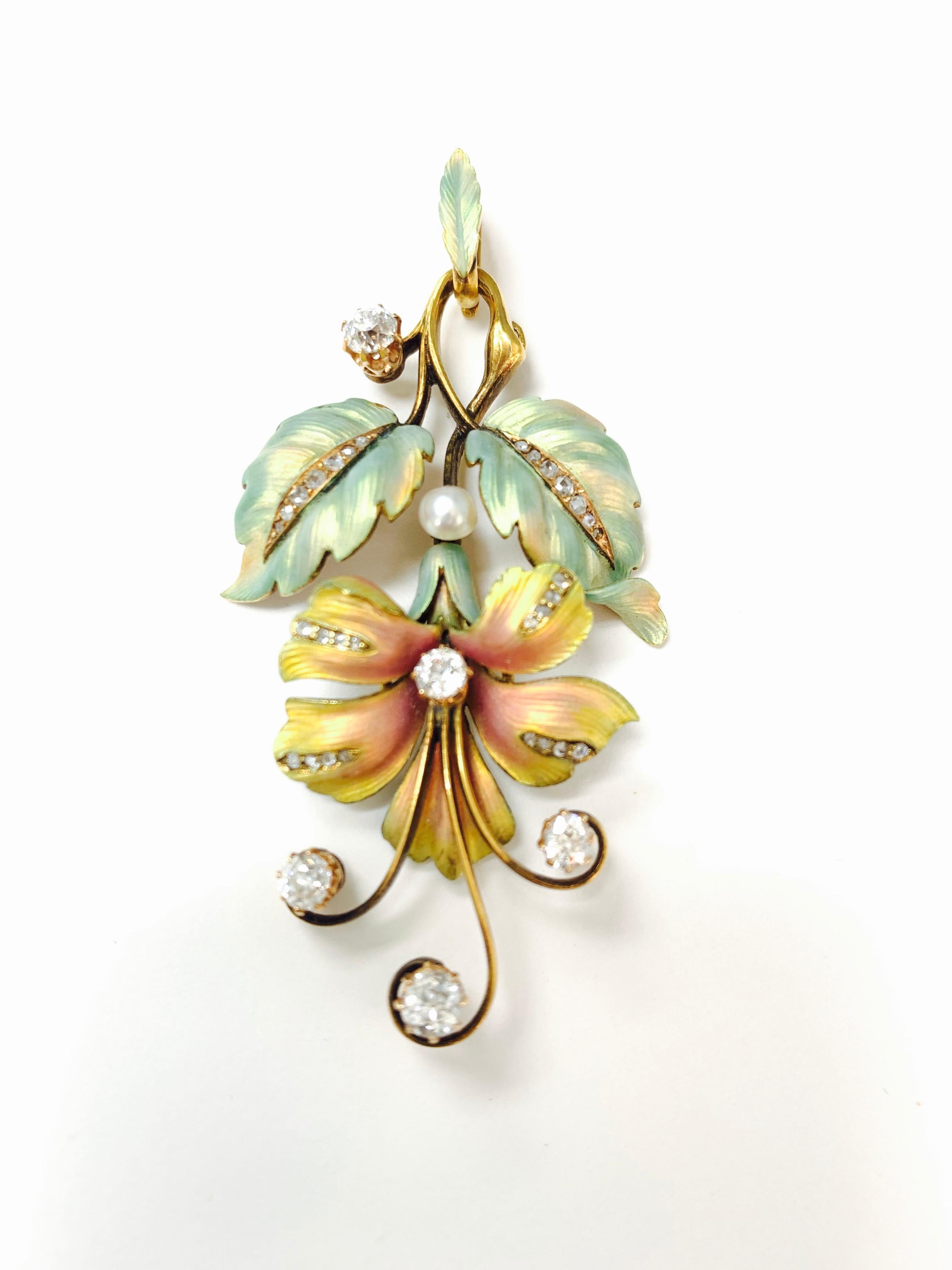 One of a kind Antique 1880 Art Nouveau Diamond , Pearl and enamel broach handcrafted in yellow gold. 
The details are as follows : 
Diamond weight : 1 carat approx 
Measurement : 2.75 inch long 
Metal : 18K 








