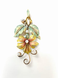 Antique 1880 Art Nouveau Diamond, Pearl and Enamel Broach in Gold