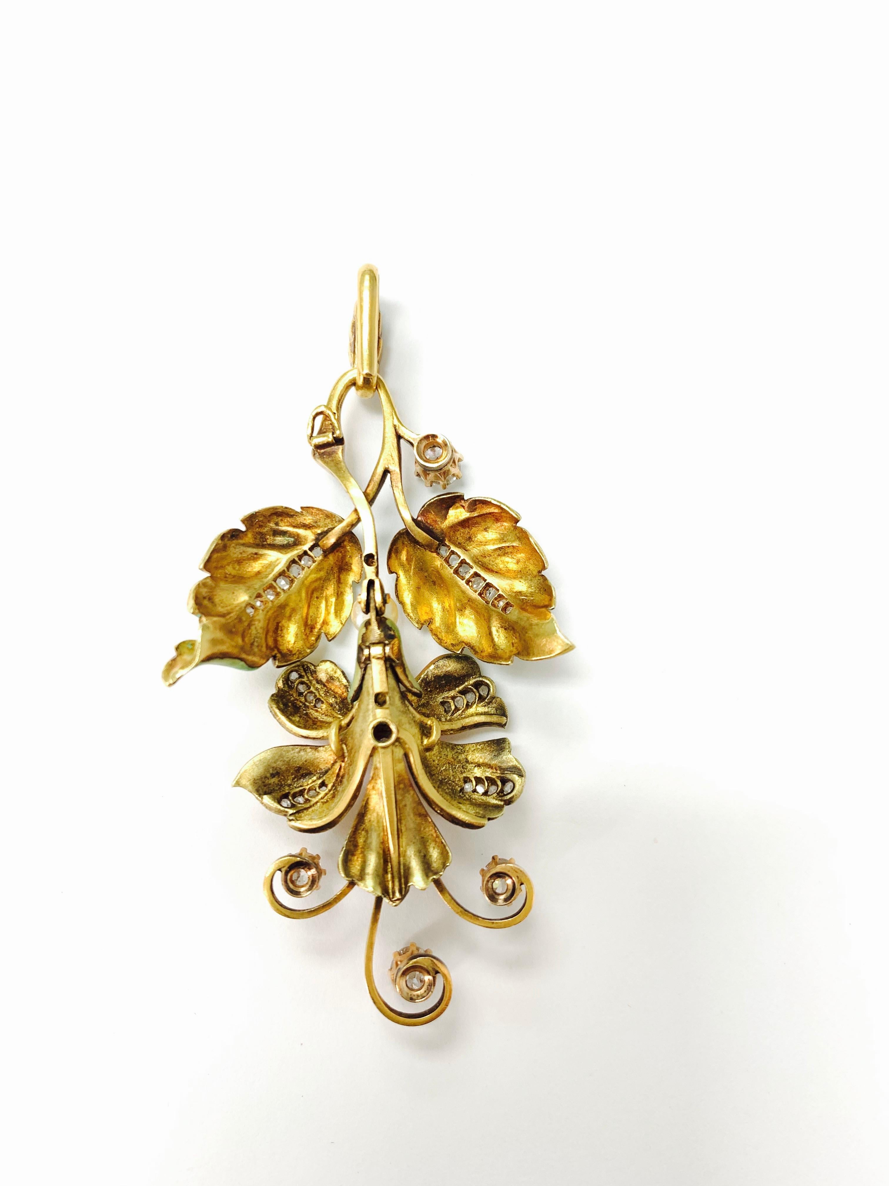 Round Cut Antique 1880 Art Nouveau Diamond, Pearl and Enamel Broach in Gold For Sale
