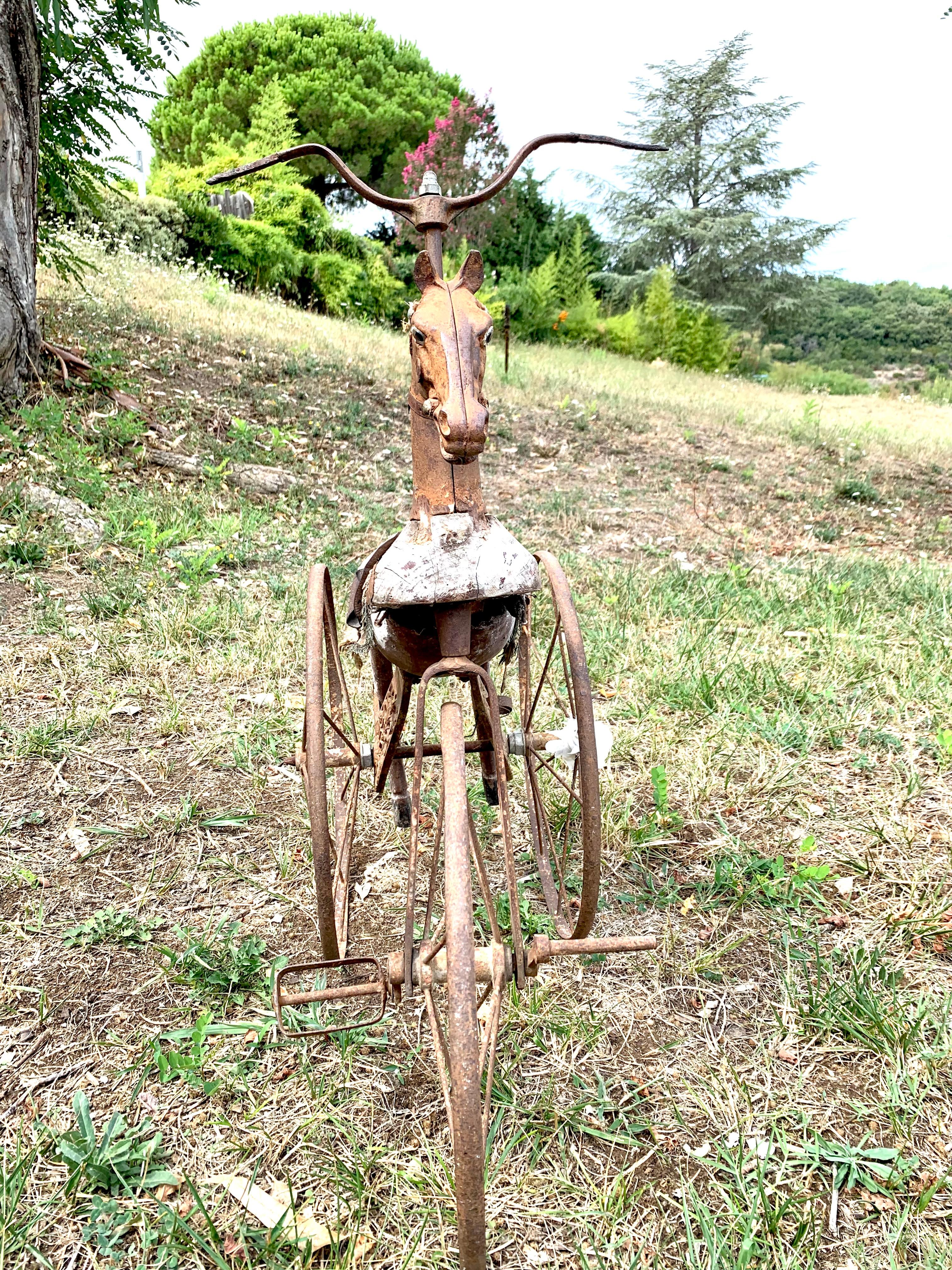 Antike 1860 Kinder Tricycle Pferd Glas Augen Holz Metall Stoff (Geschnitzt) im Angebot