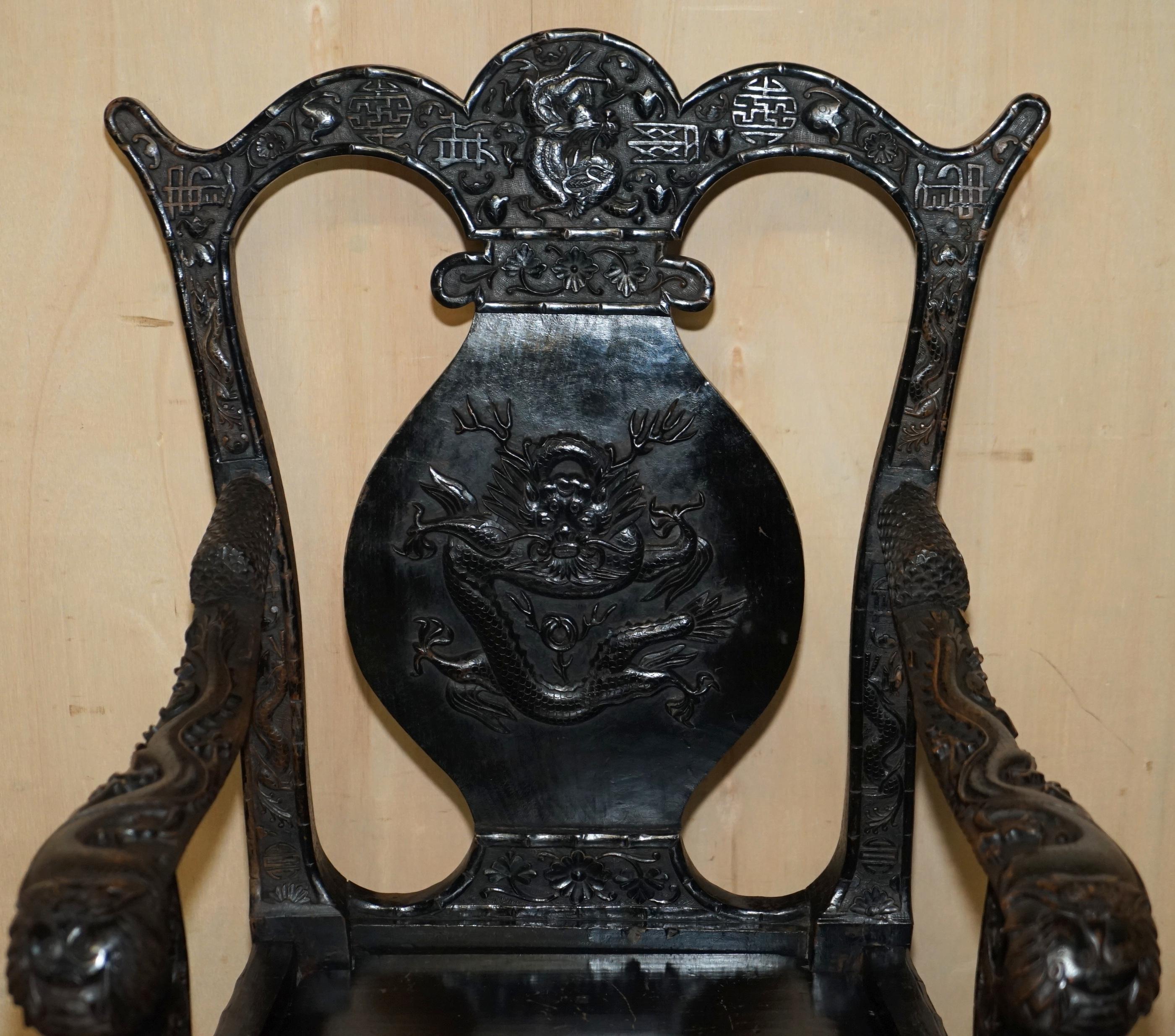 Chinese Export Antique 1880 Heavily Carved Chinese Dragon Carver Armchair Must See Pictures For Sale