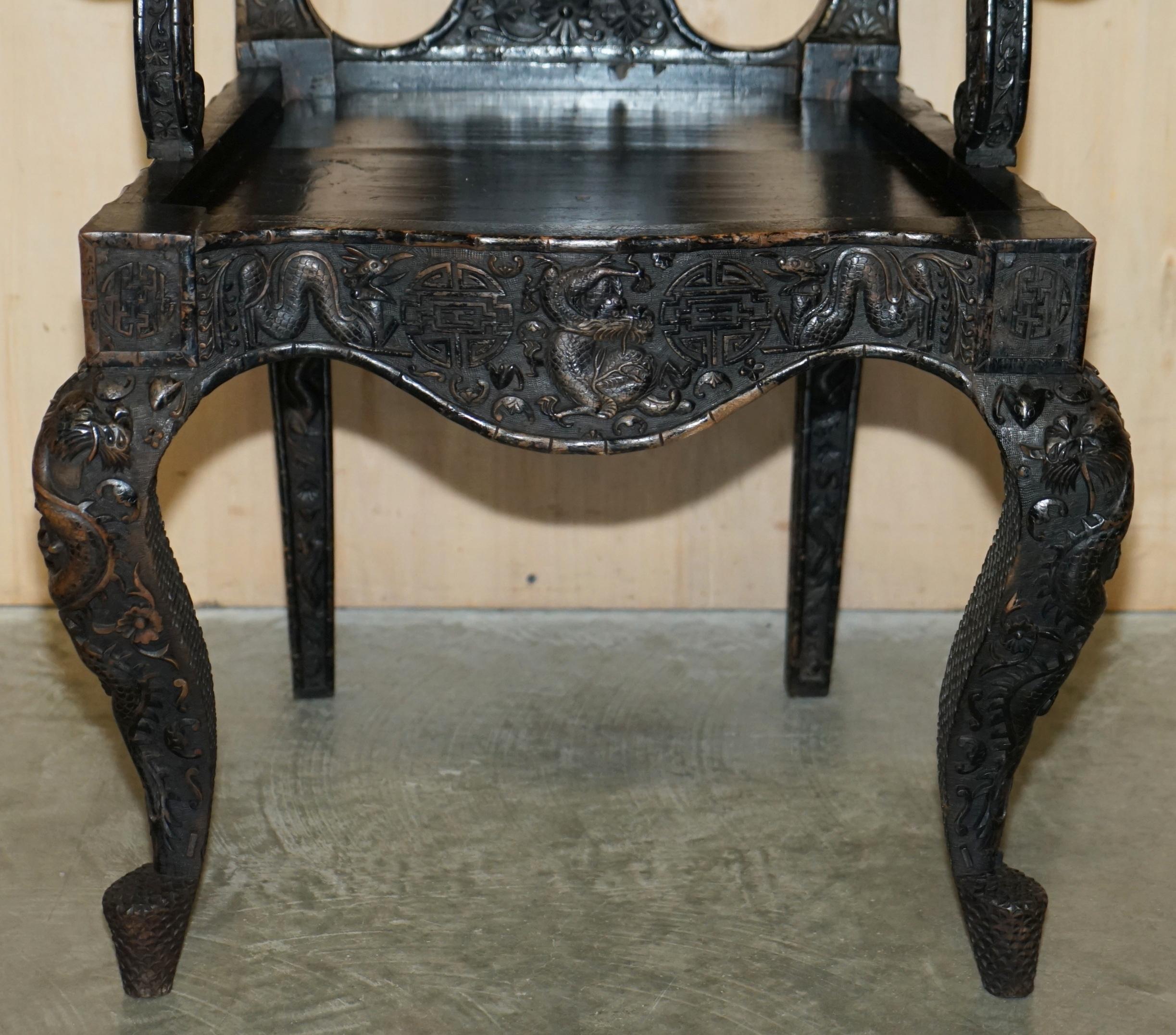 Hand-Carved Antique 1880 Heavily Carved Chinese Dragon Carver Armchair Must See Pictures For Sale