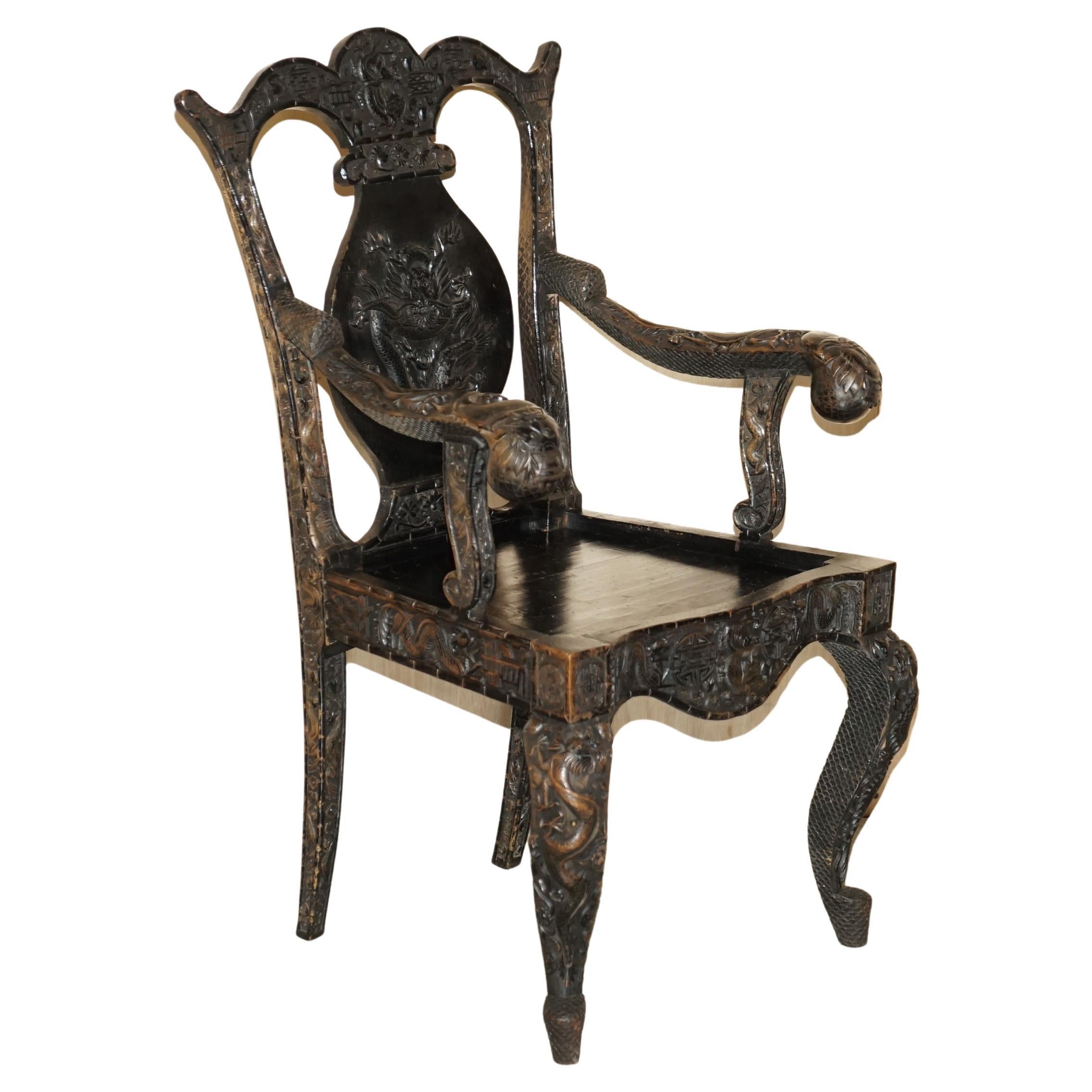 Antique 1880 Heavily Carved Chinese Dragon Carver Armchair Must See Pictures For Sale