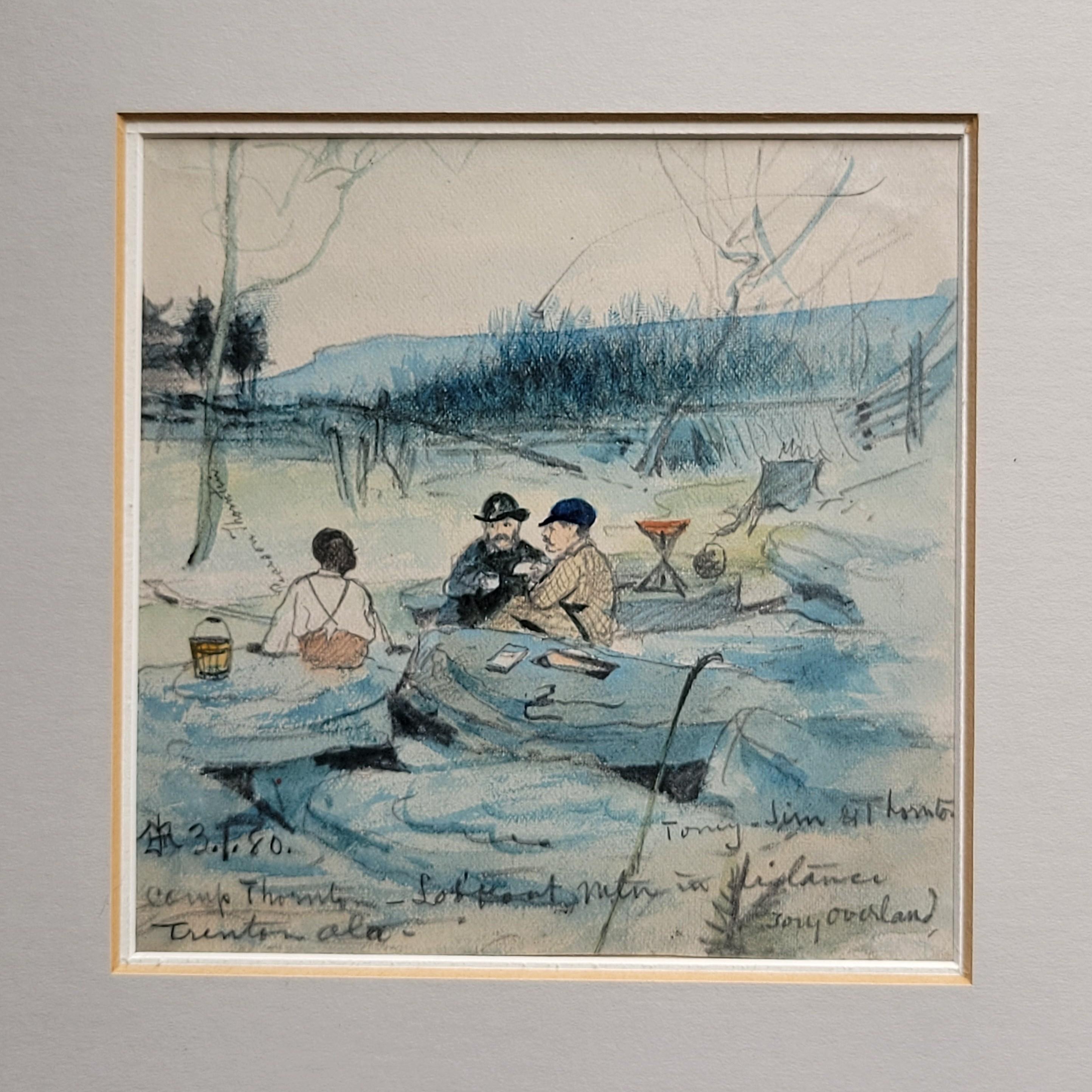 Un interesante fragmento de la historia del sur de EEUU... una ilustración en acuarela y lápiz de un campamento de Trenton, Alabama, con miembros de la familia Thornton. Creado por un artista justo después de la época de la reconstrucción en