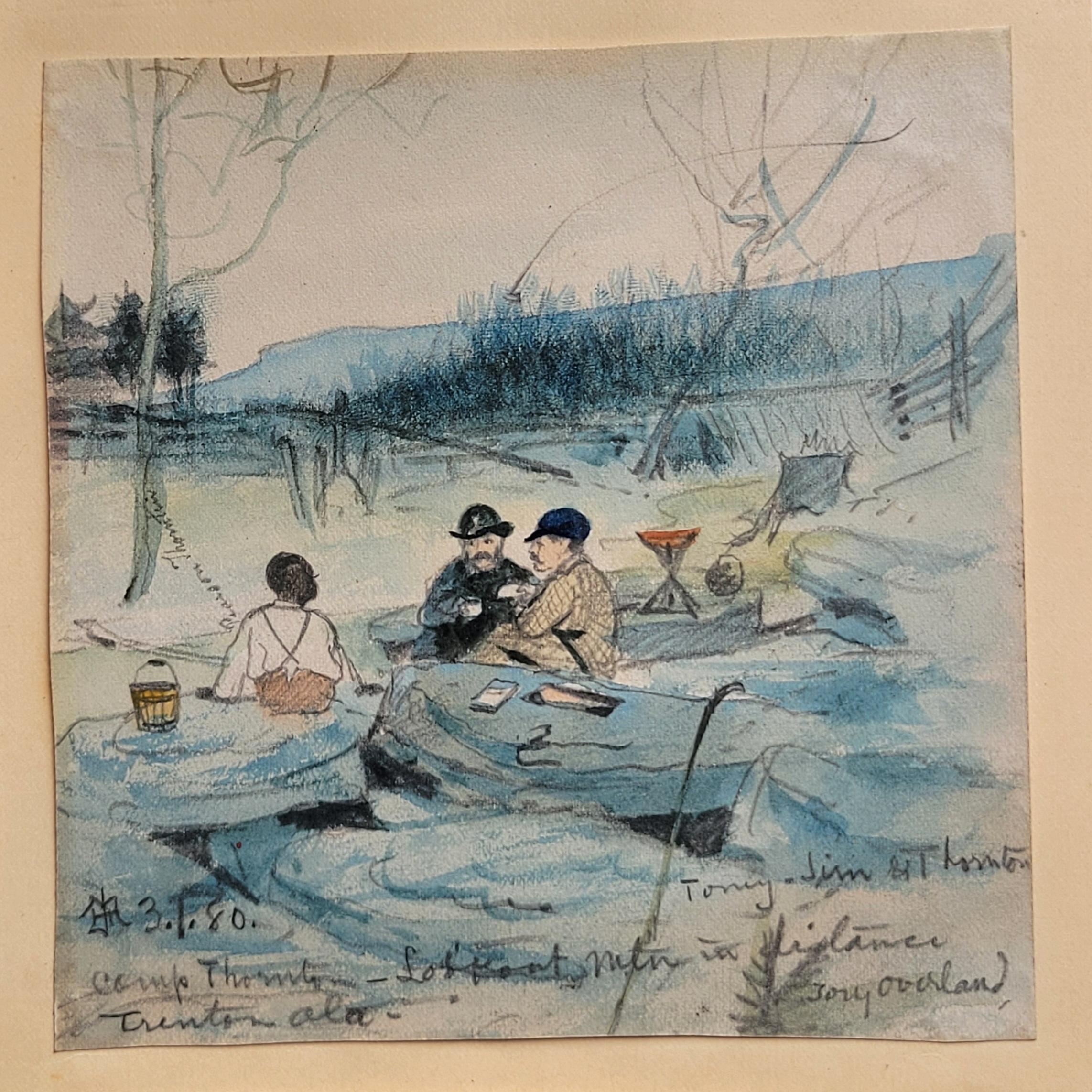 Ilustración antigua de 1880 de Trenton, Alabama, campamento con la familia Thornton Arte popular en venta