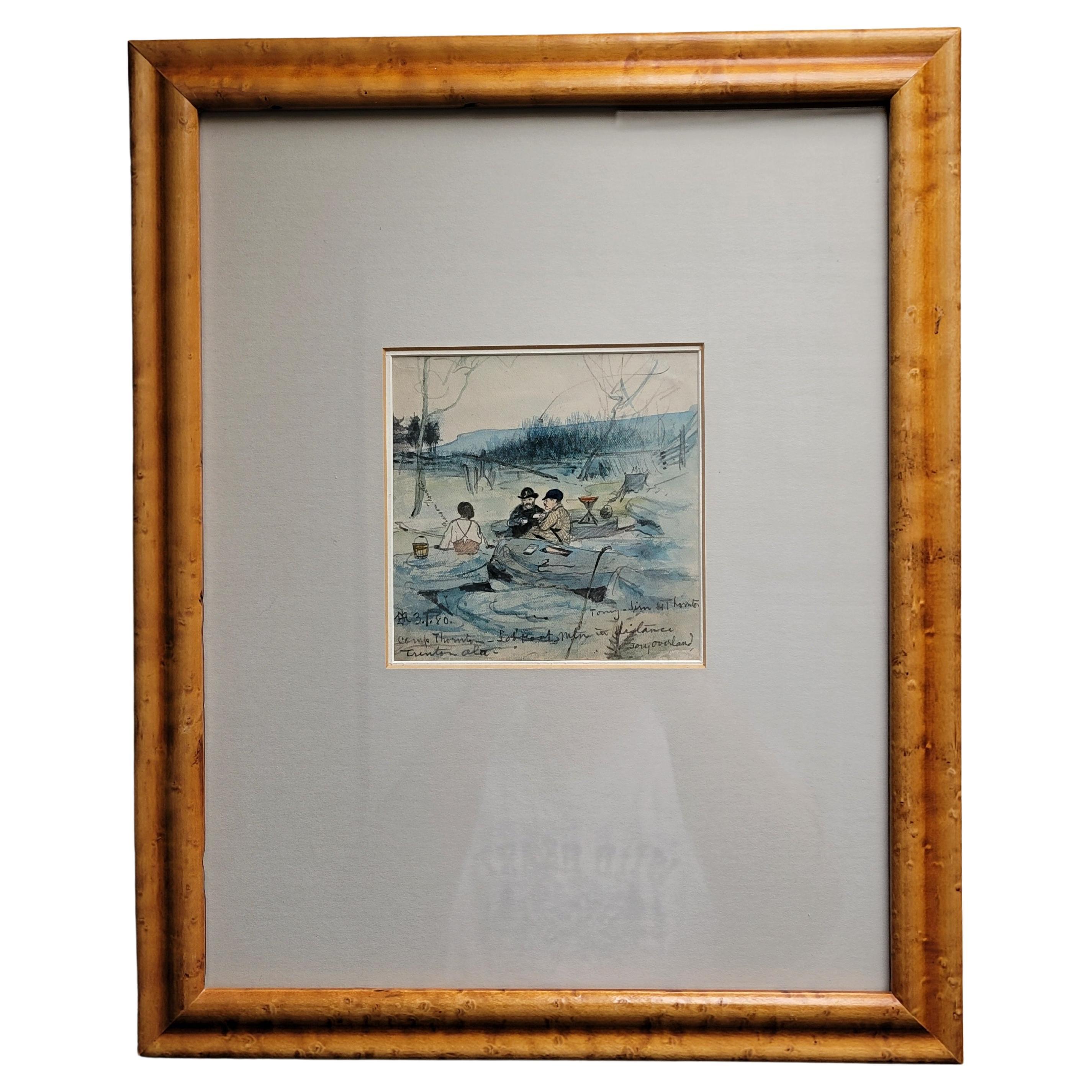 Ilustración antigua de 1880 de Trenton, Alabama, campamento con la familia Thornton en venta