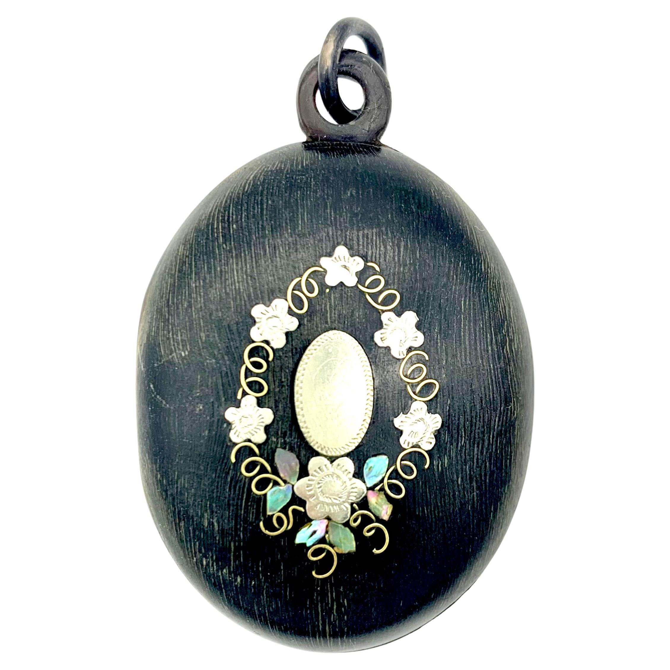 Antique Victorian 1880 Locket Pendant Horn Mother of Pearl Metal Inlay