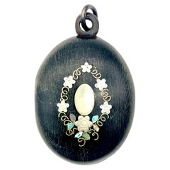 Antique 1880 Locket Pendant Horn Mother of Pearl Metal Inlay
