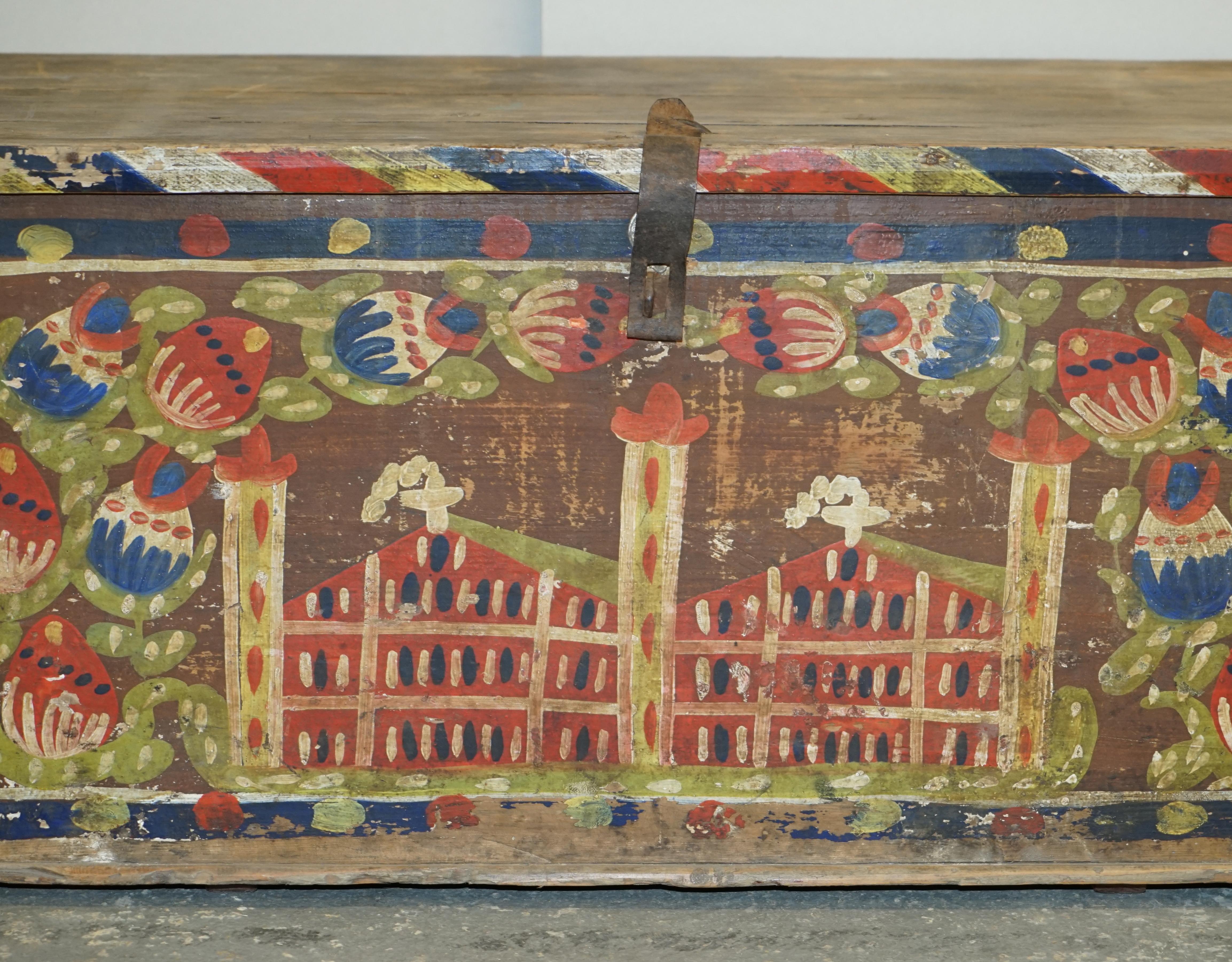 High Victorian Antique 1880 Original Paint Romanian Blanket Chest Coffer Trunk Church Painting For Sale