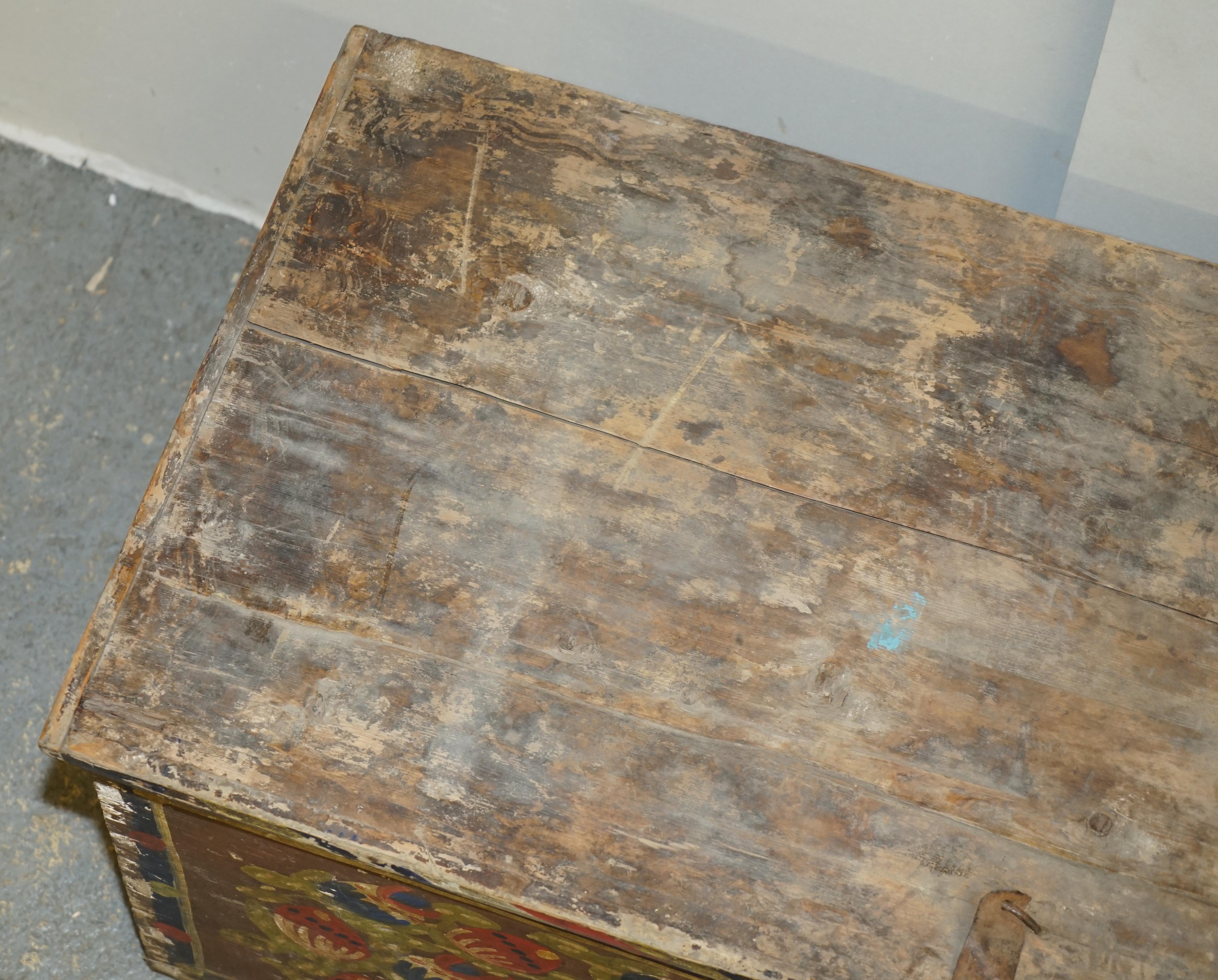 Late 19th Century Antique 1880 Original Paint Romanian Blanket Chest Coffer Trunk Church Painting For Sale