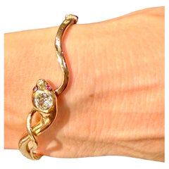 Antique 1880 Snake Bangle Bracelet 14 K Rose Gold 1 Old Cut Diamond Ruby Eyes