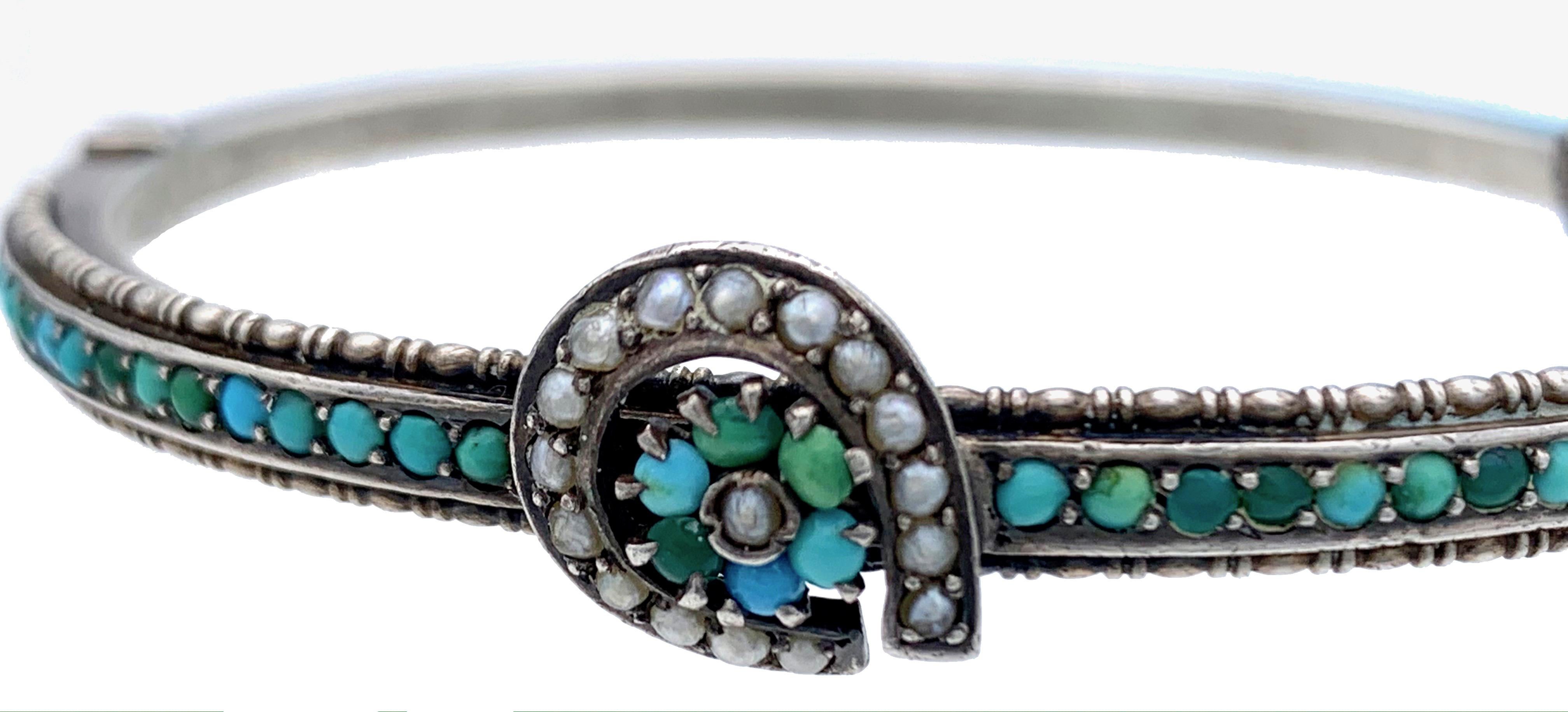 Antique 1880 Victorian Horseshoe Good Luck Bangle Turquoise Pearl Silver In Good Condition For Sale In Munich, Bavaria